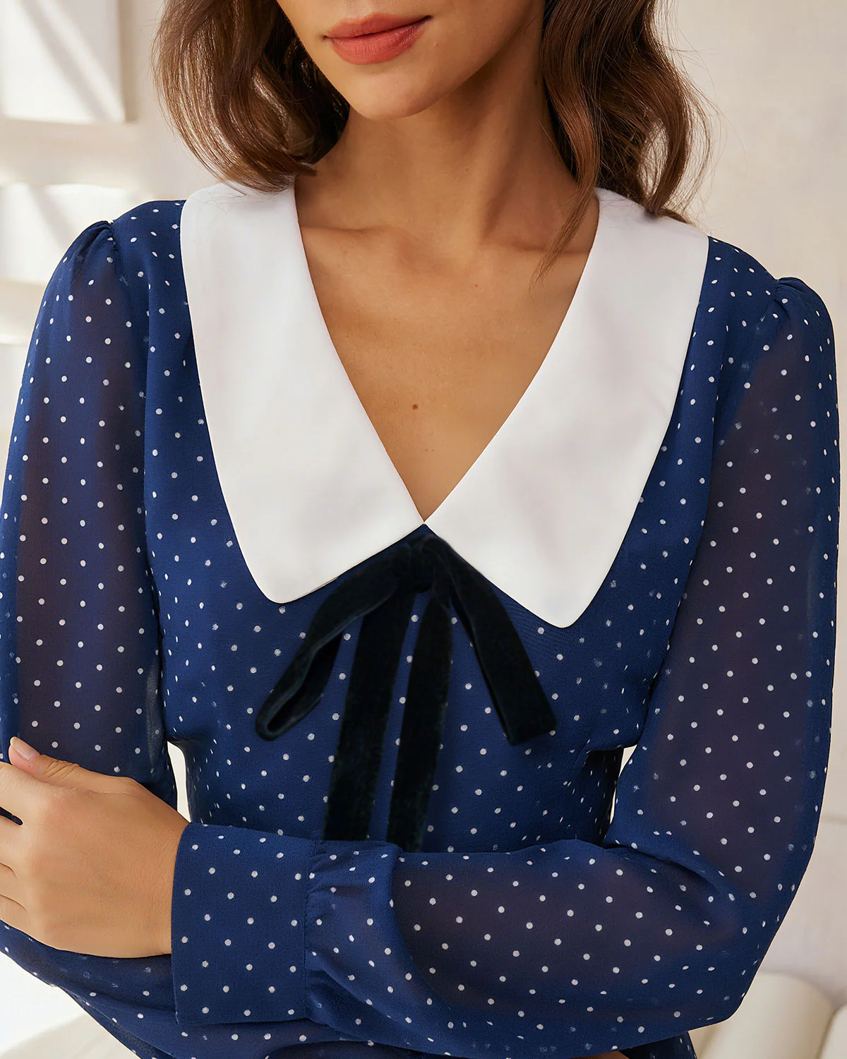Blue Polka Dot Chiffon Mini Dress - Image 2