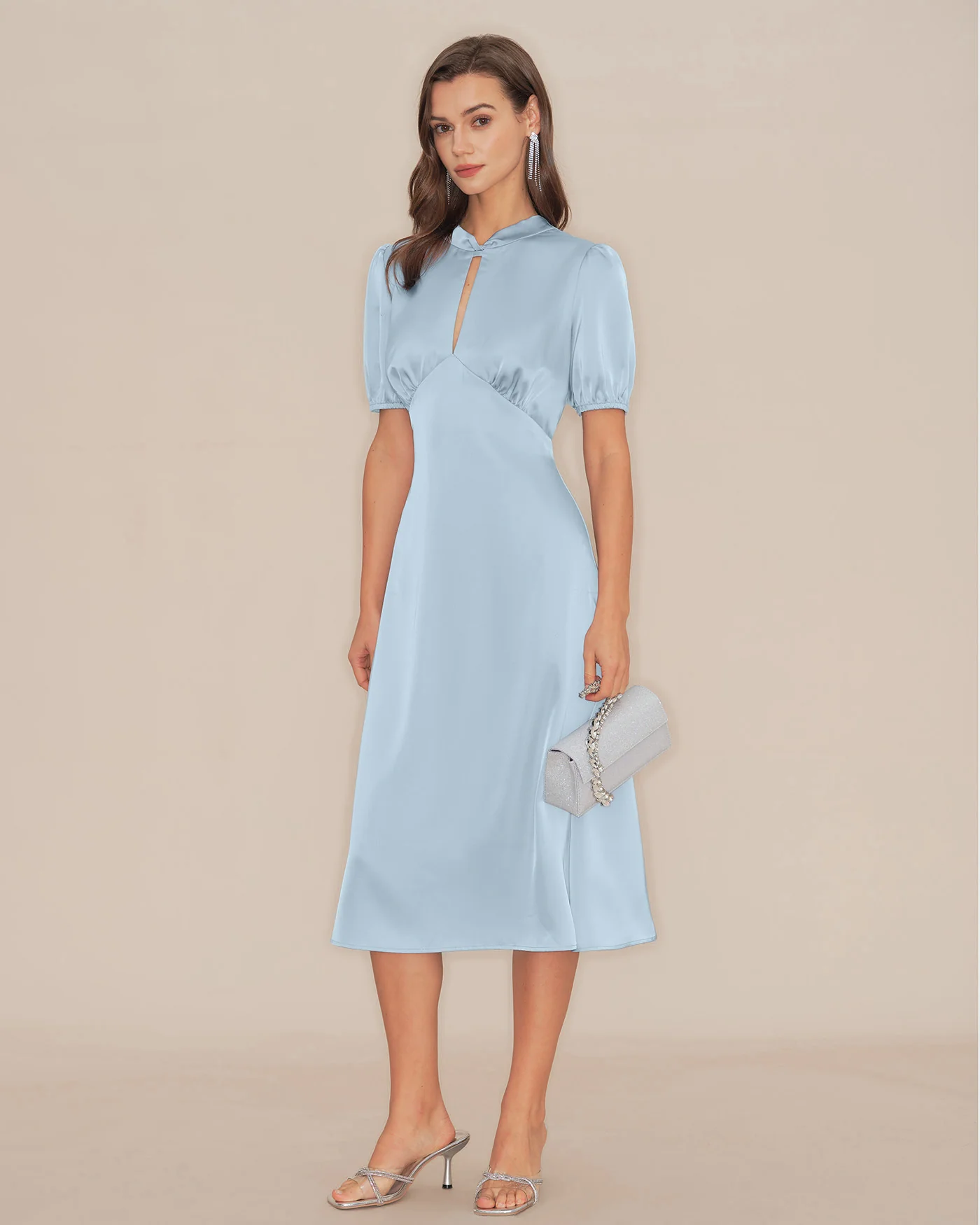 Blue Puffed Sleeve Backless Satin Midi Dress - Image 10