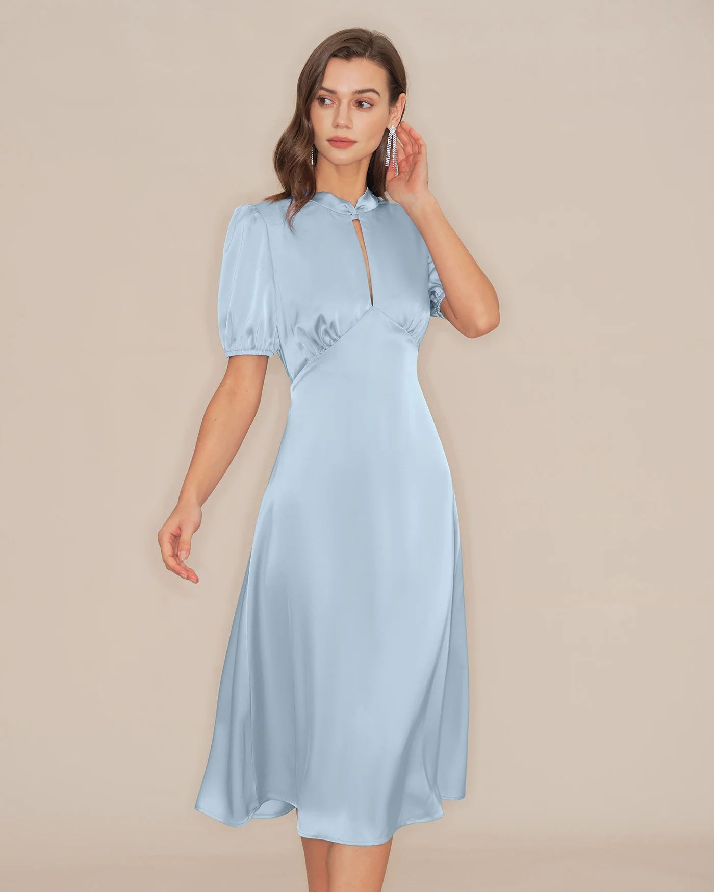 Blue Puffed Sleeve Backless Satin Midi Dress - Image 8