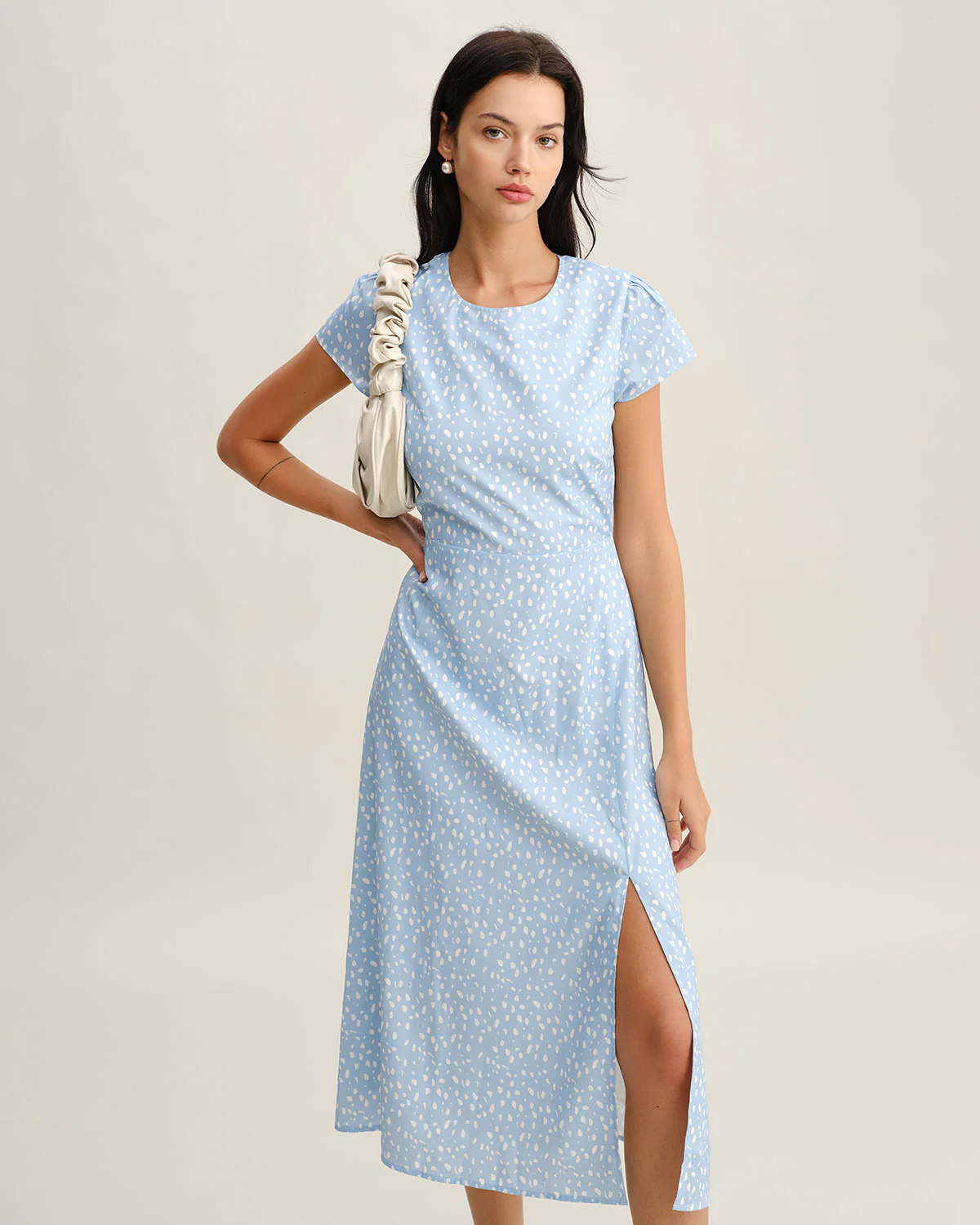 Blue Round Neck Button Slit Midi Dress