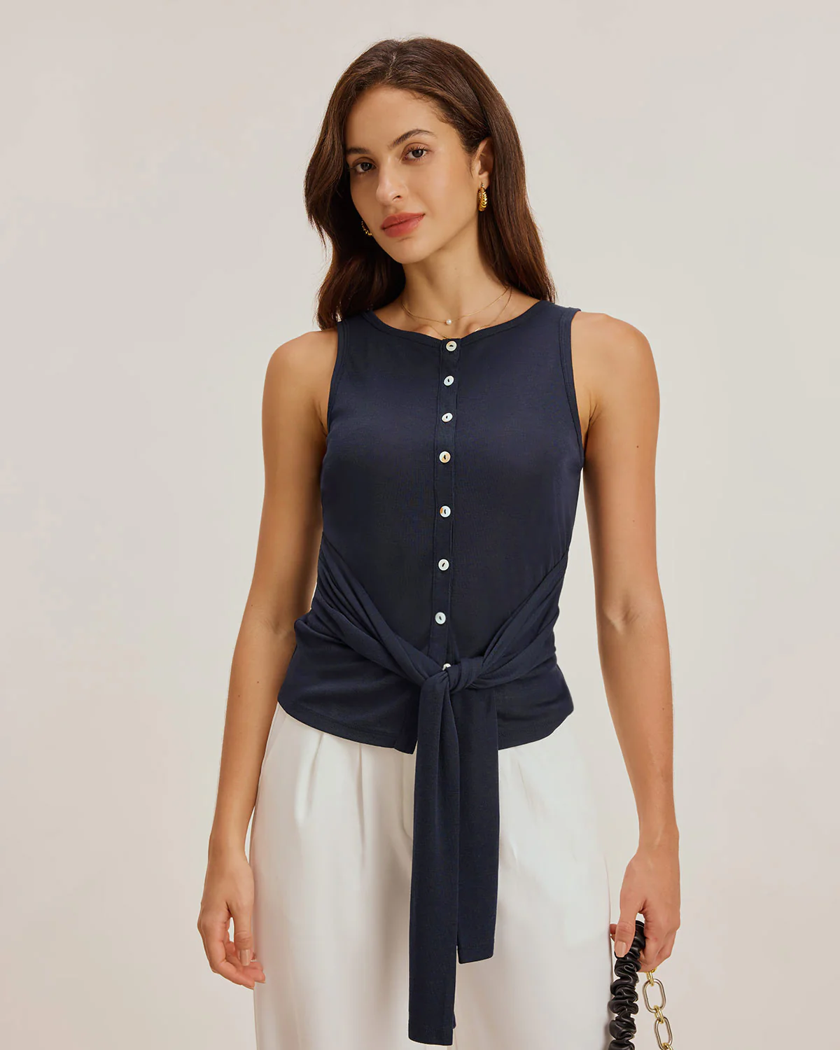 Blue Round Neck Button Tank Top