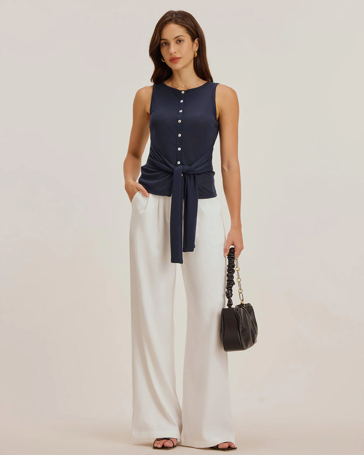Blue Round Neck Button Tank Top - Image 4