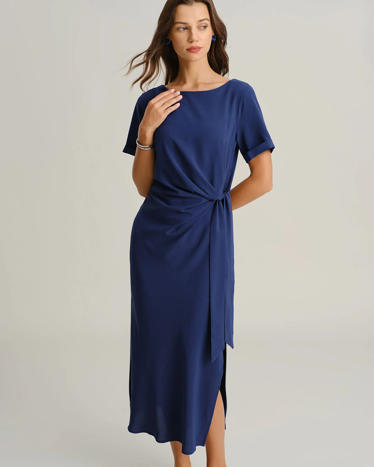 Blue Round Neck Short Sleeve Maxi Dress