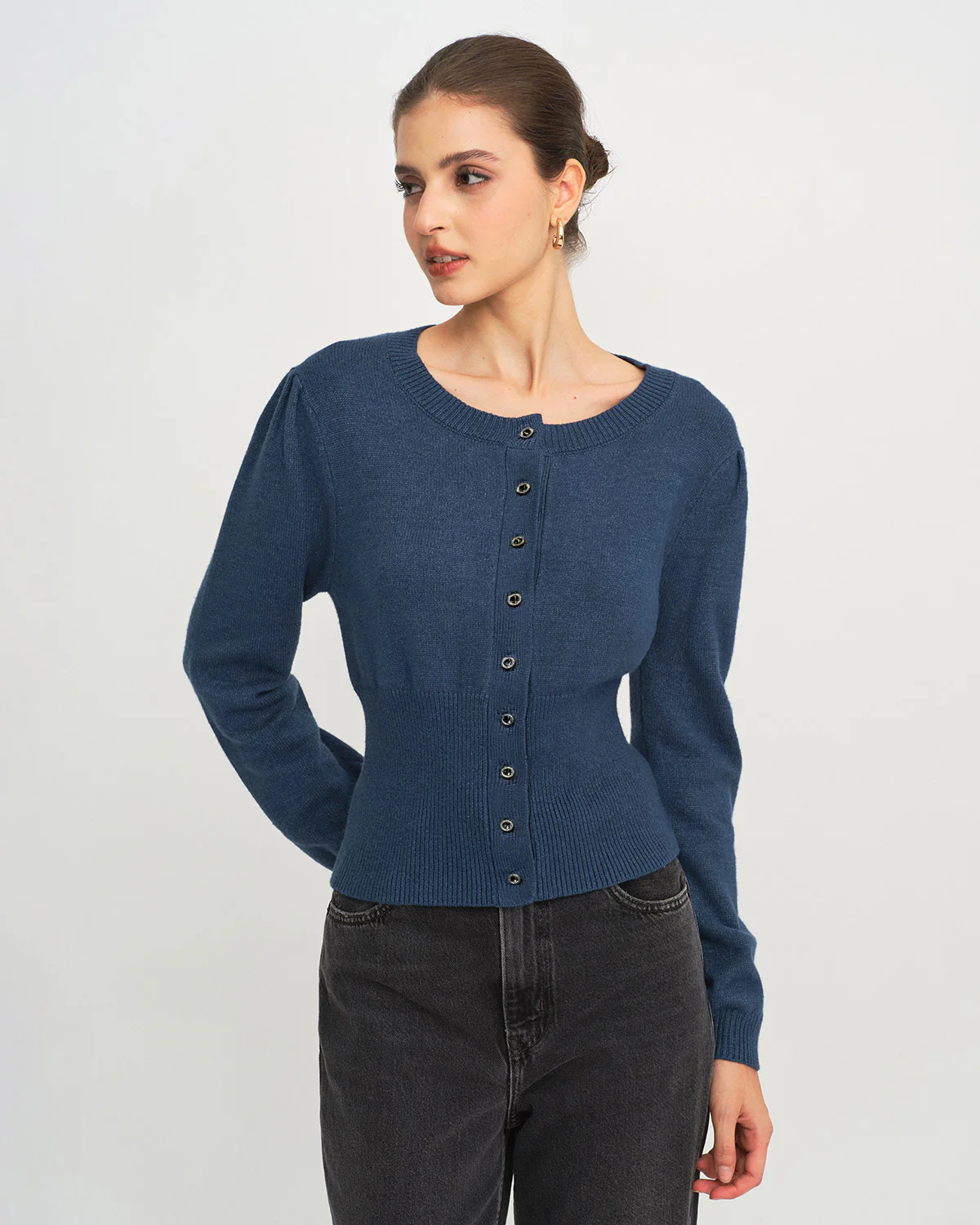 Blue Round Neck Slim Knit Cardigan