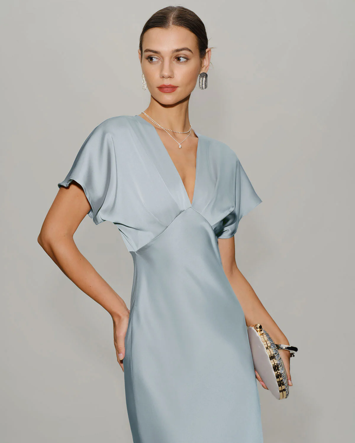 Blue Satin Cowl Sleeve Midi Dress - Image 2