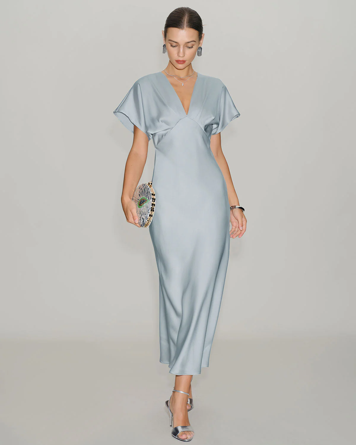 Blue Satin Cowl Sleeve Midi Dress - Image 3