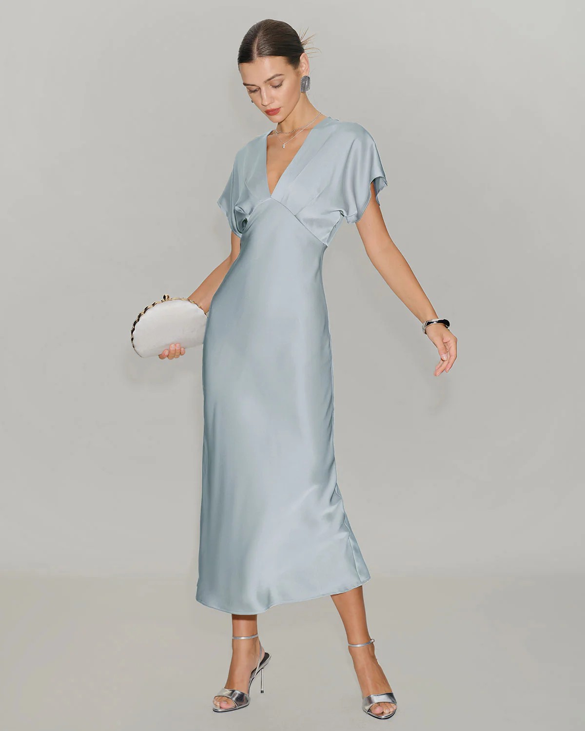 Blue Satin Cowl Sleeve Midi Dress - Image 4