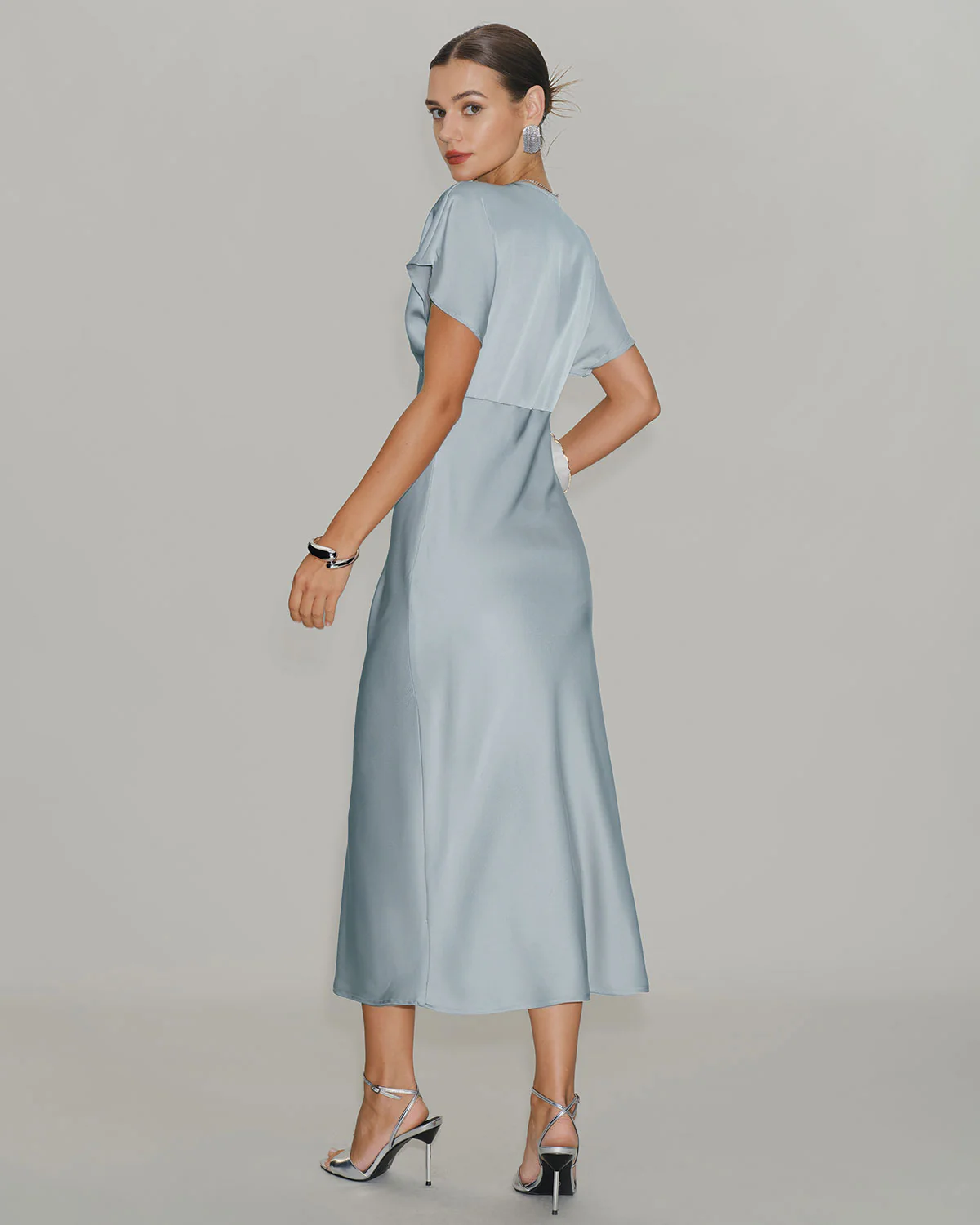 Blue Satin Cowl Sleeve Midi Dress - Image 5