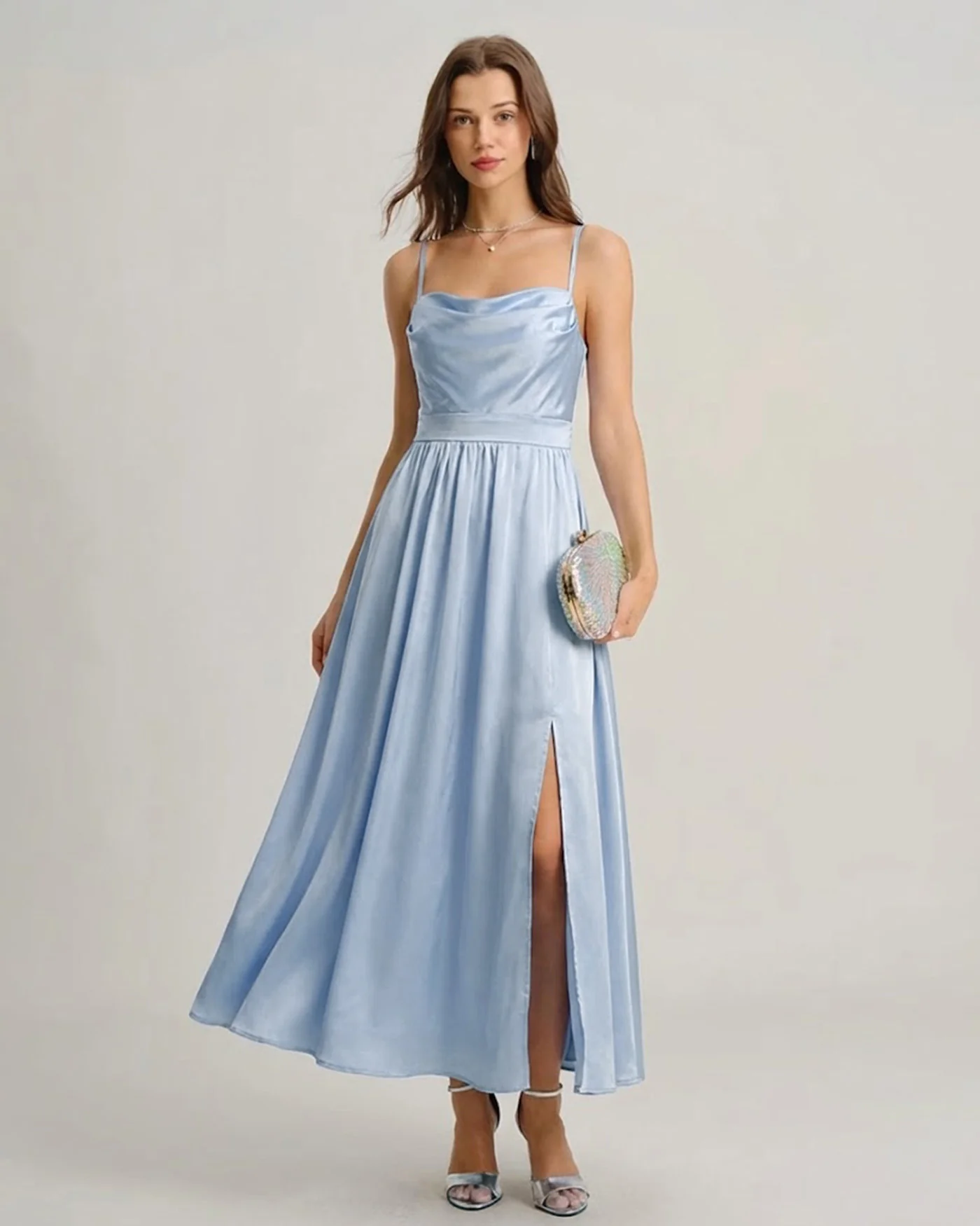 Blue Satin Ruched Slip Maxi Dress