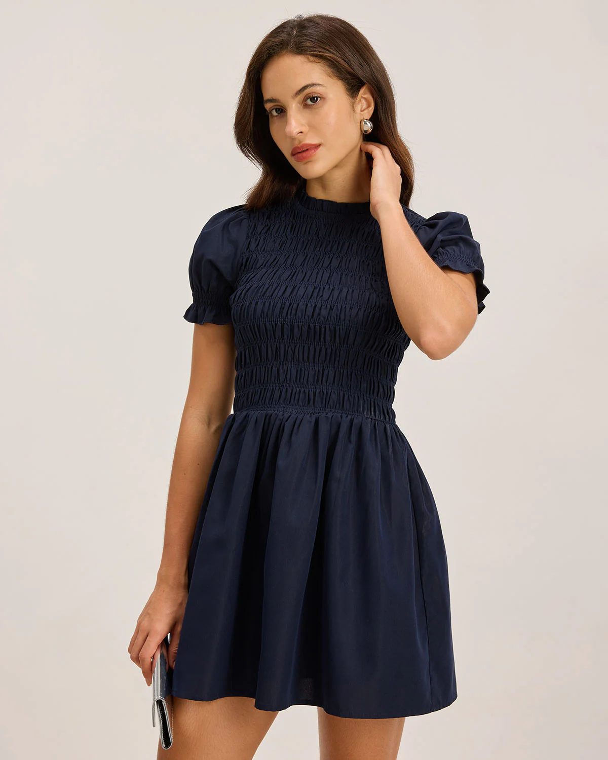 Blue Shirred Puffed Sleeve Mini Dress - Image 3