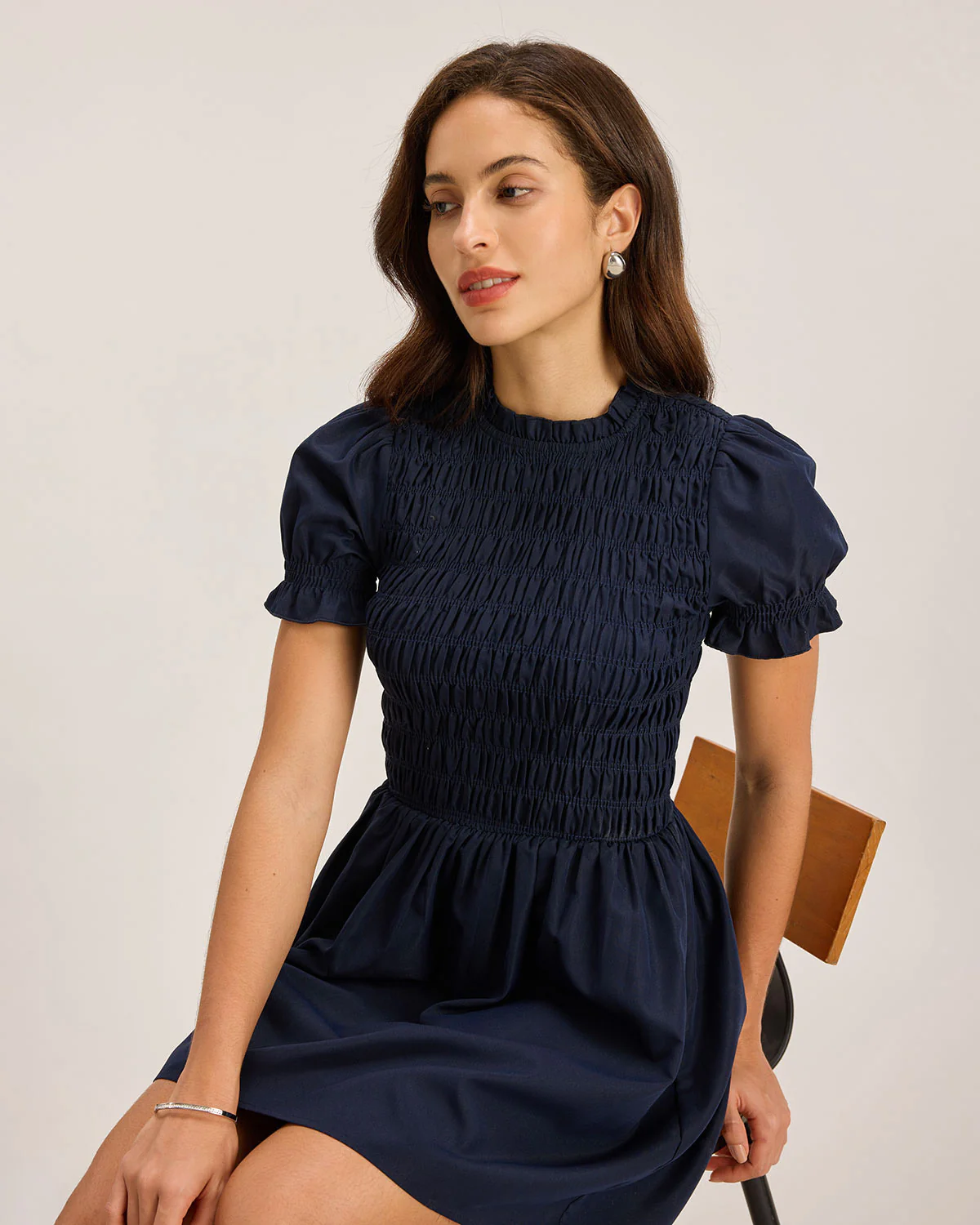 Blue Shirred Puffed Sleeve Mini Dress - Image 4