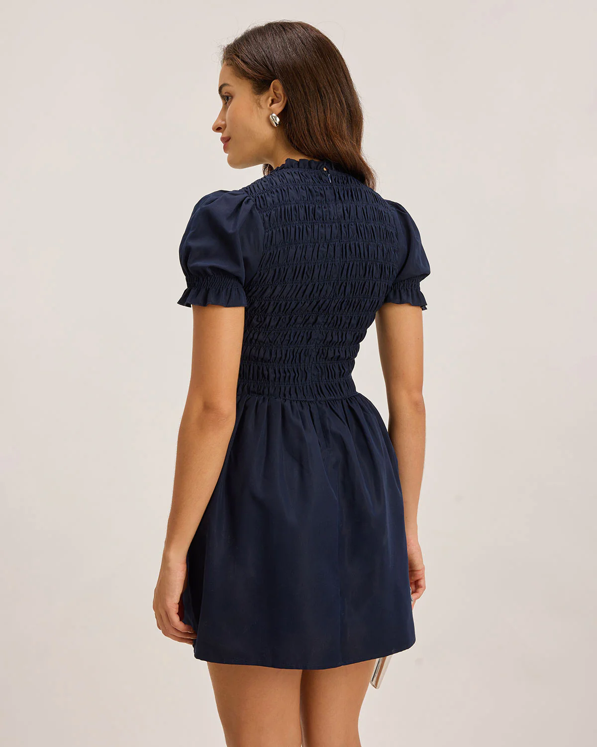 Blue Shirred Puffed Sleeve Mini Dress - Image 5