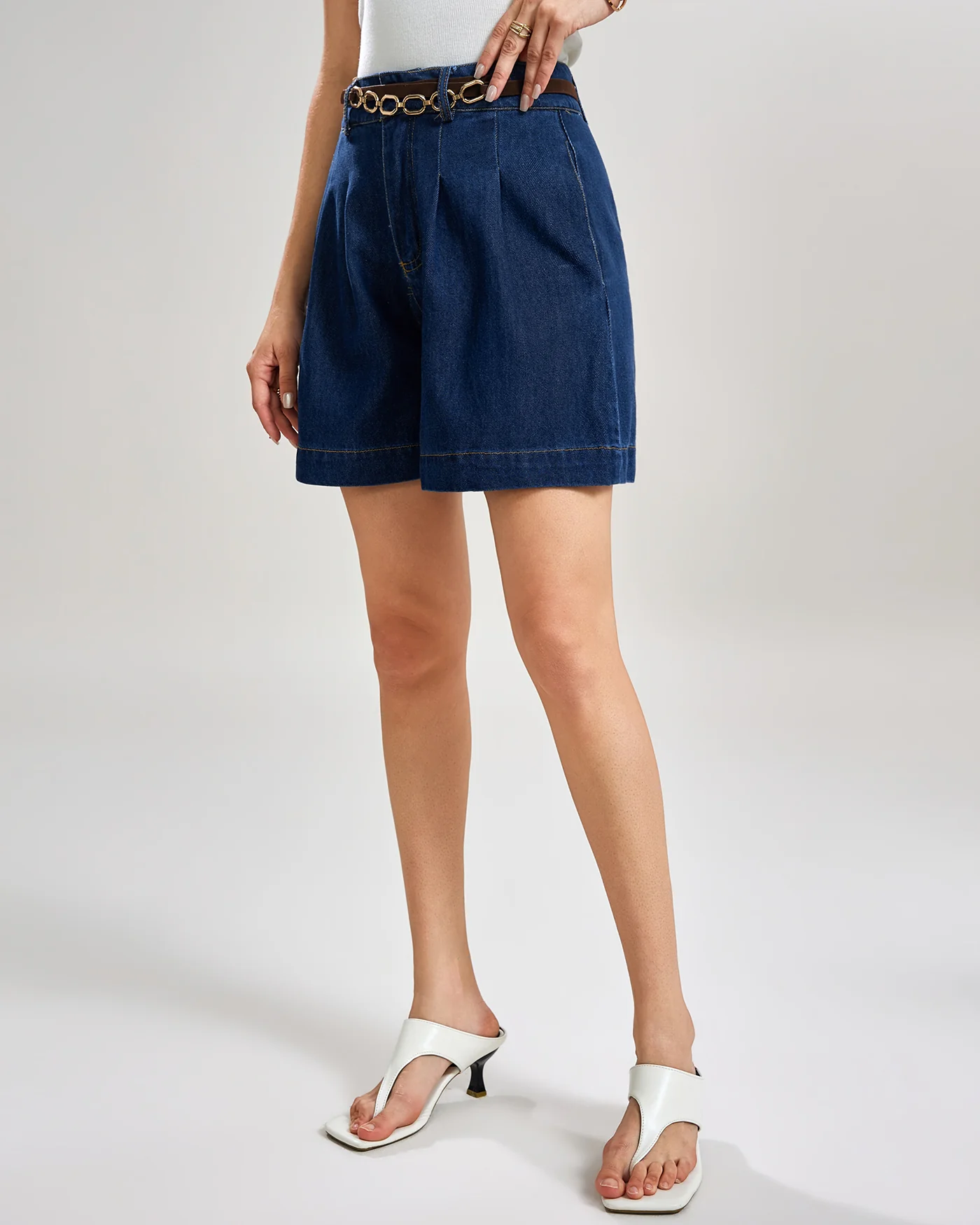 Blue Solid Denim Shorts - Image 5