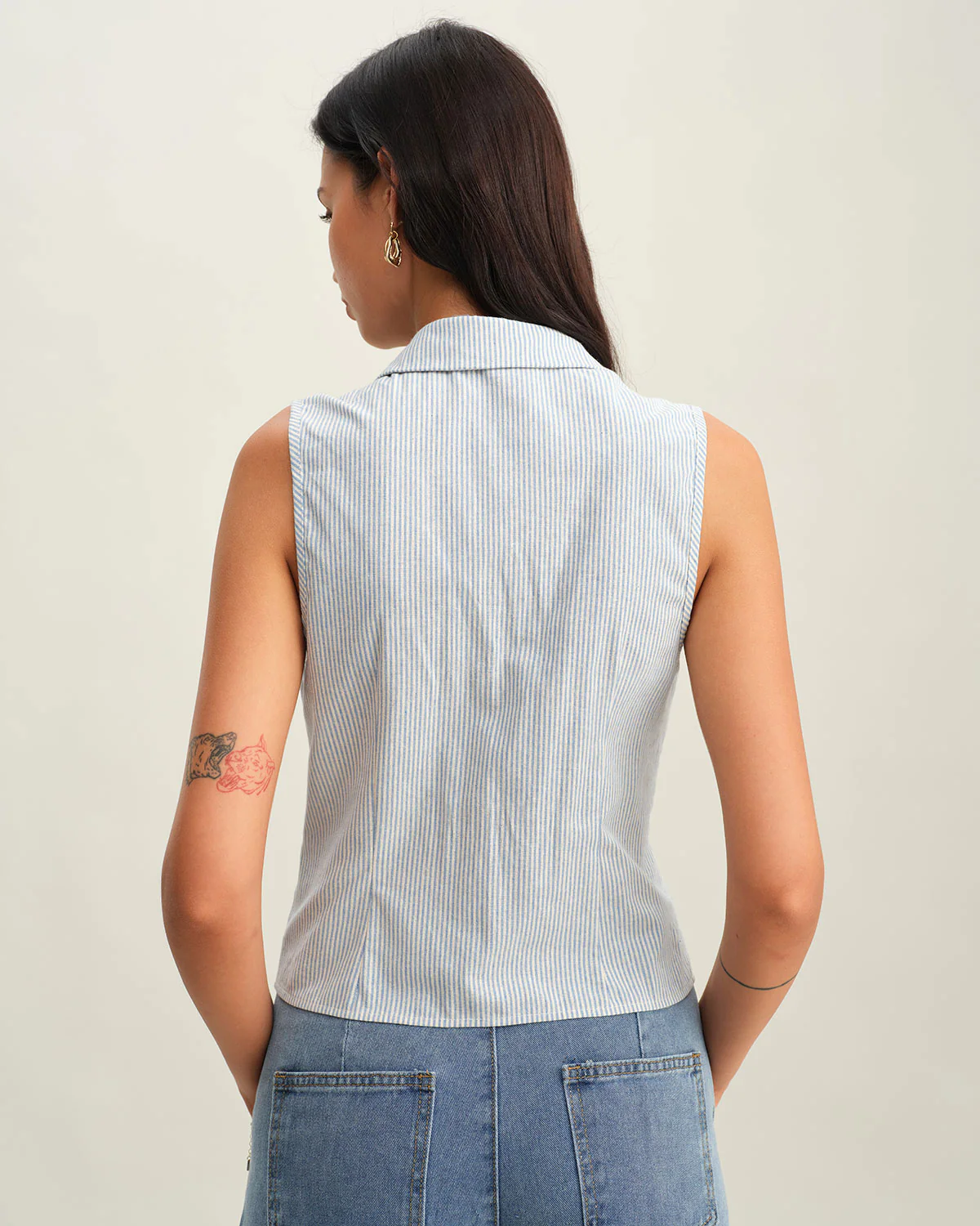 Blue Striped Button Sleeveless Blouse - Image 3