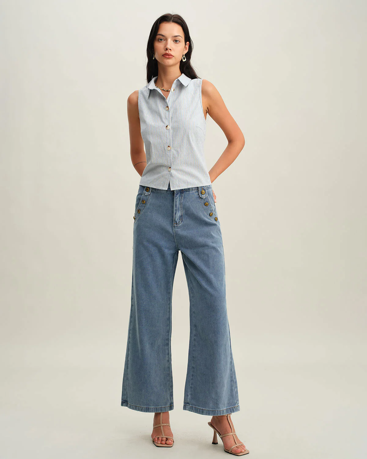 Blue Striped Button Sleeveless Blouse - Image 4