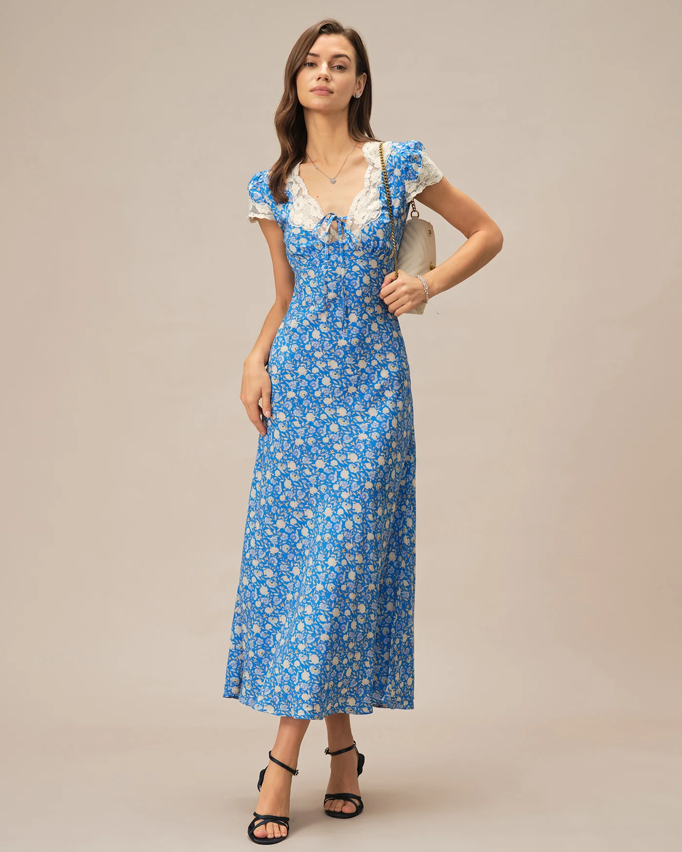 Blue V Neck Floral Maxi Dress
