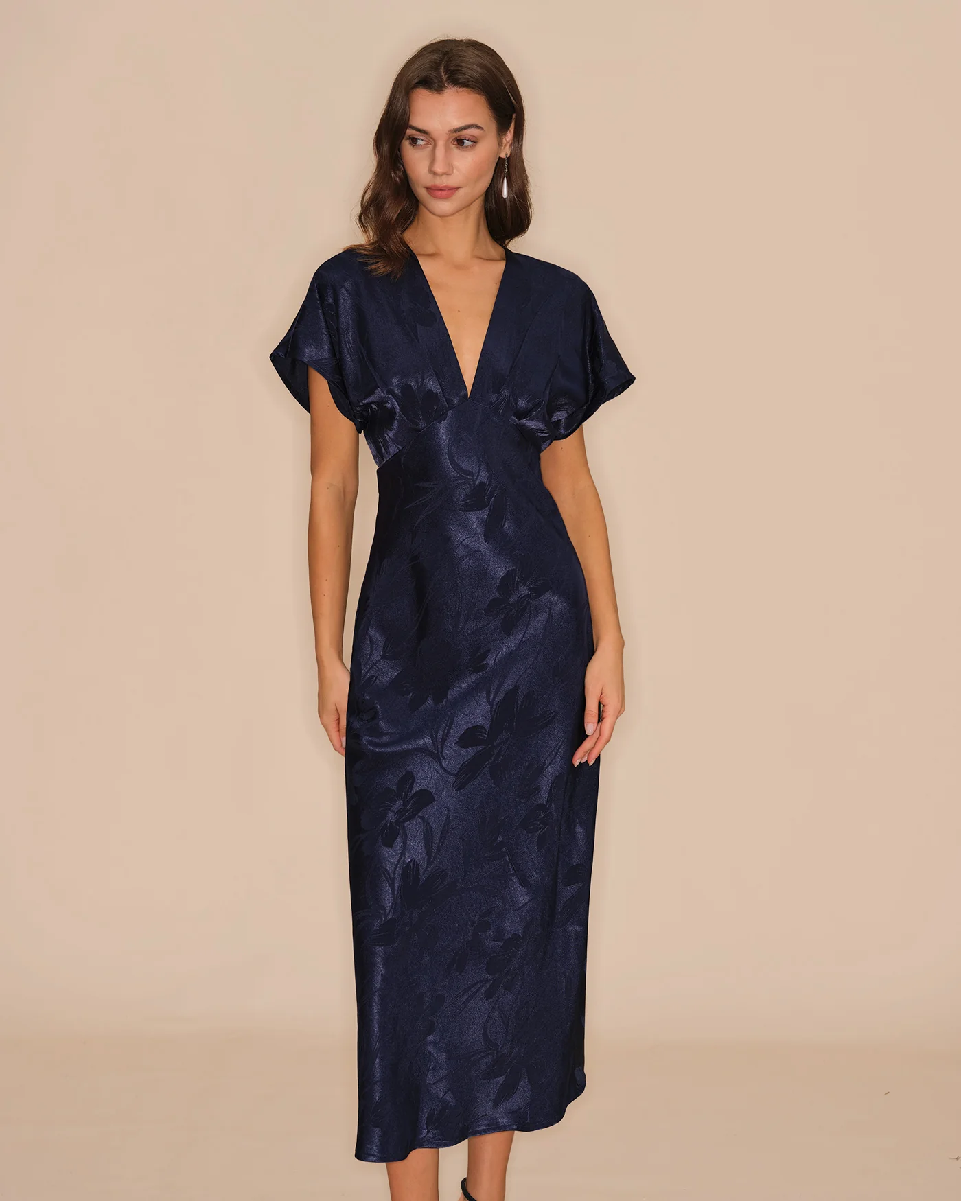 Blue V Neck Jacquard Midi Dress