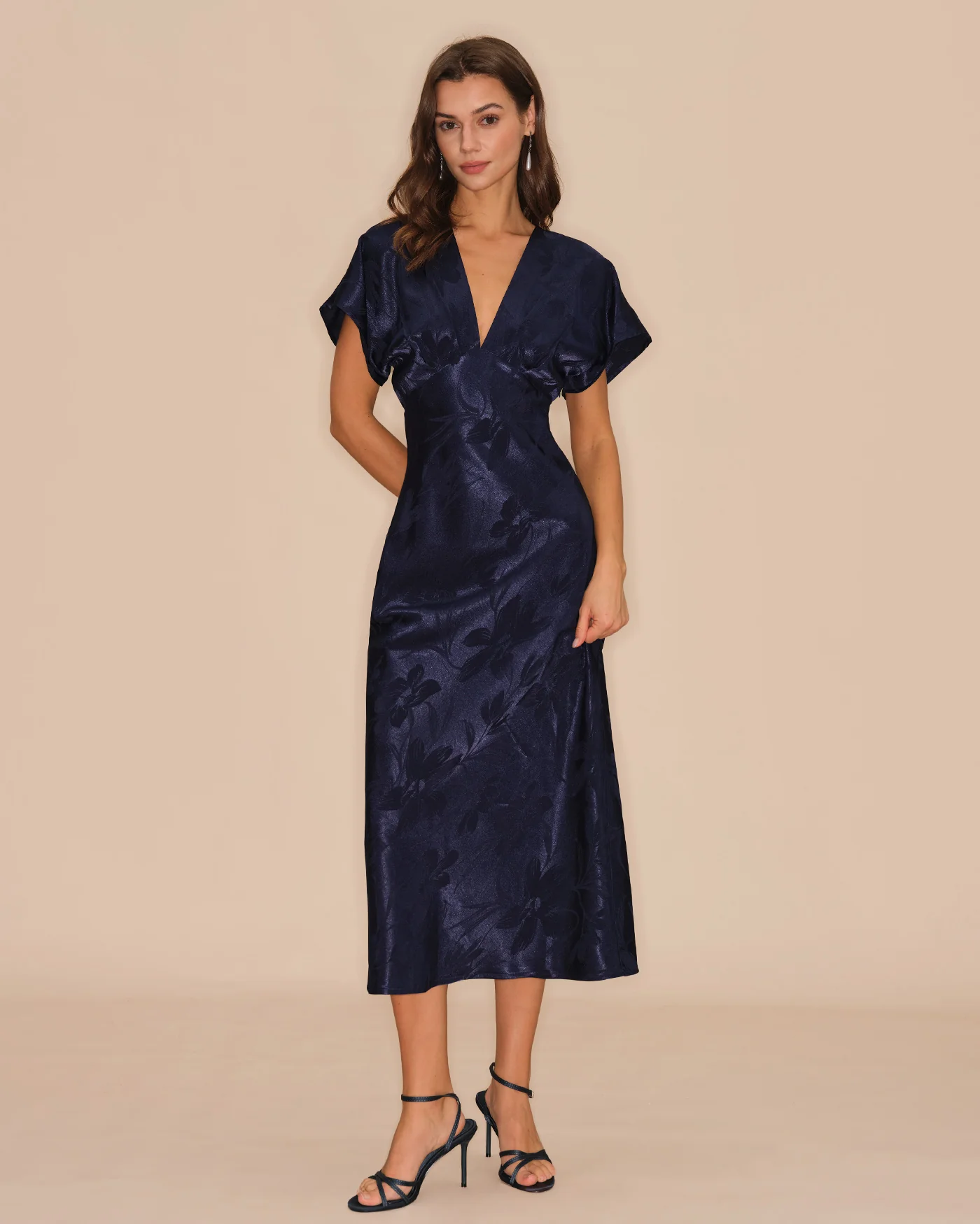 Blue V Neck Jacquard Midi Dress - Image 2