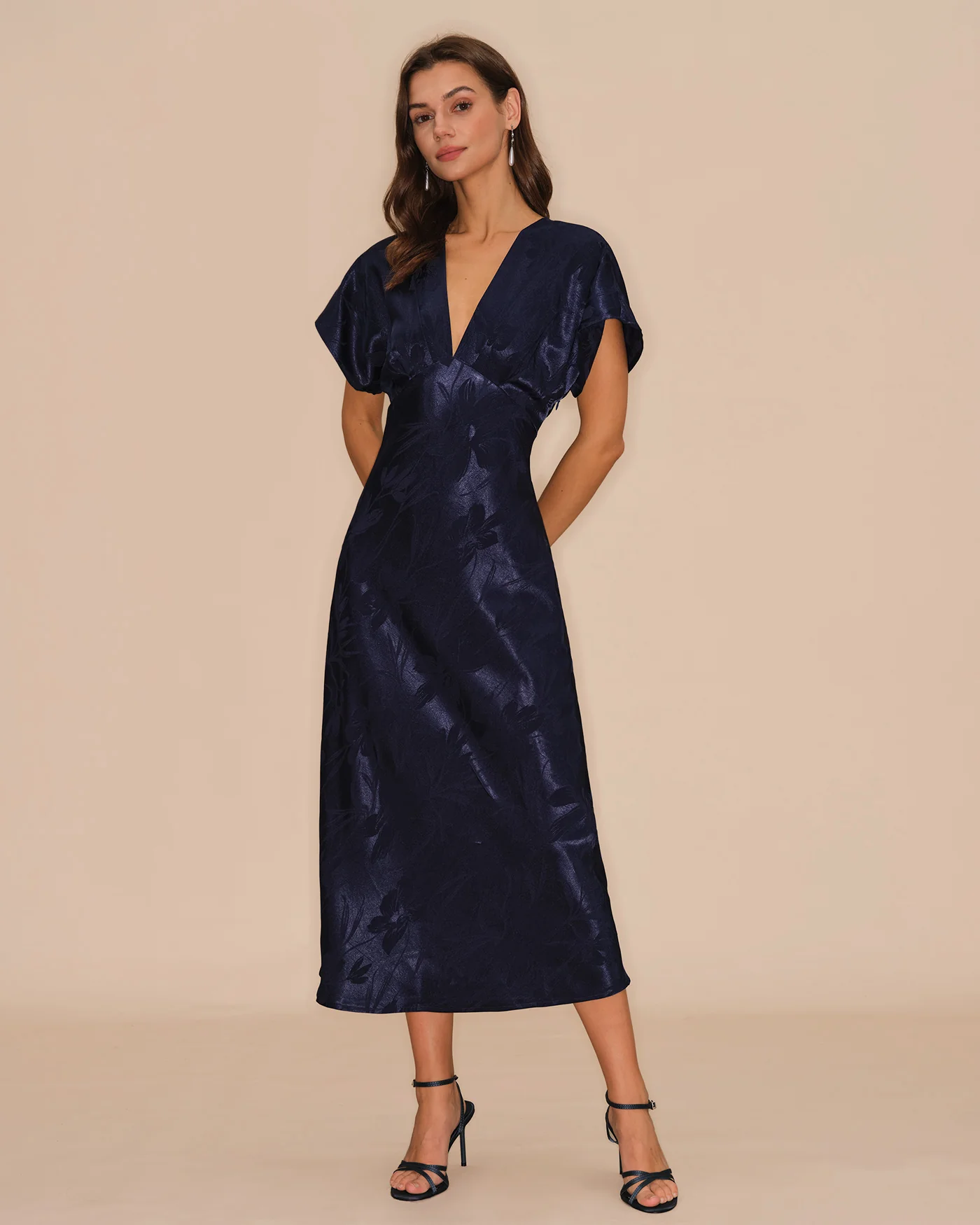 Blue V Neck Jacquard Midi Dress - Image 3