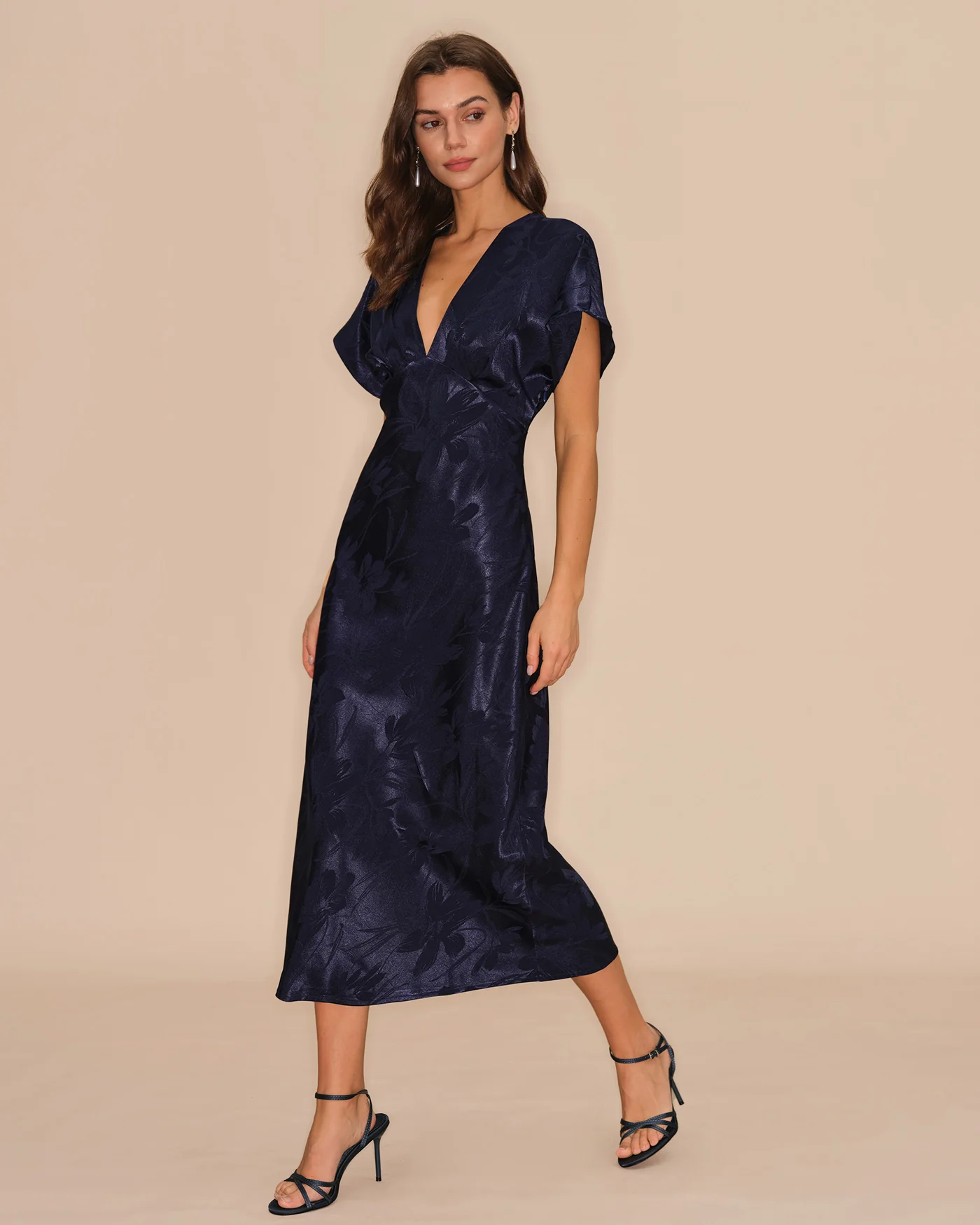 Blue V Neck Jacquard Midi Dress - Image 4
