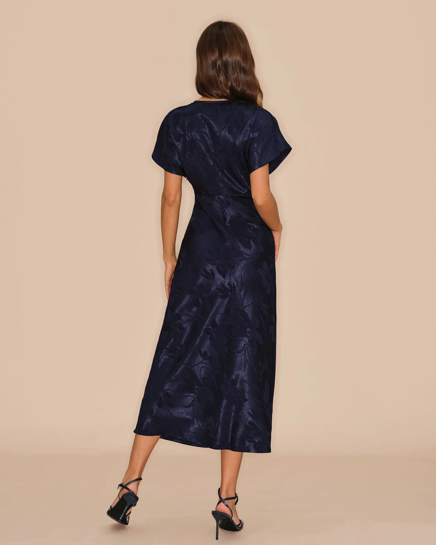 Blue V Neck Jacquard Midi Dress - Image 5