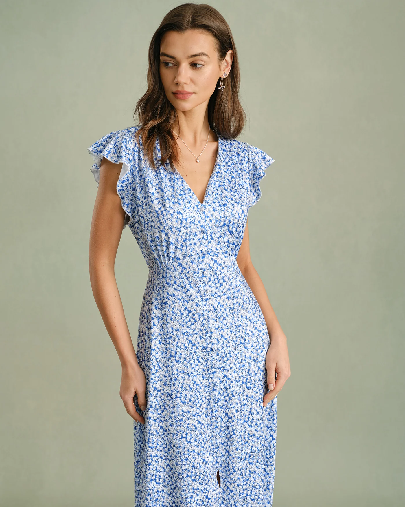 Blue V Neck Tie Floral Maxi Dress - Image 3