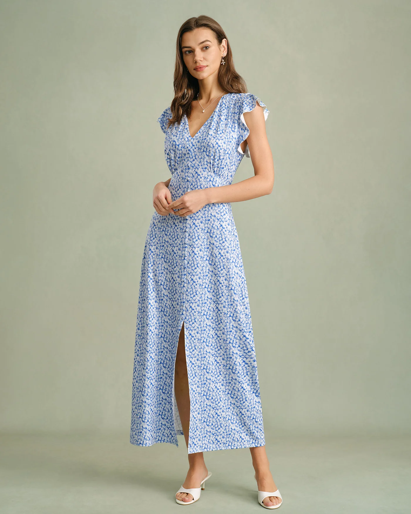 Blue V Neck Tie Floral Maxi Dress - Image 4