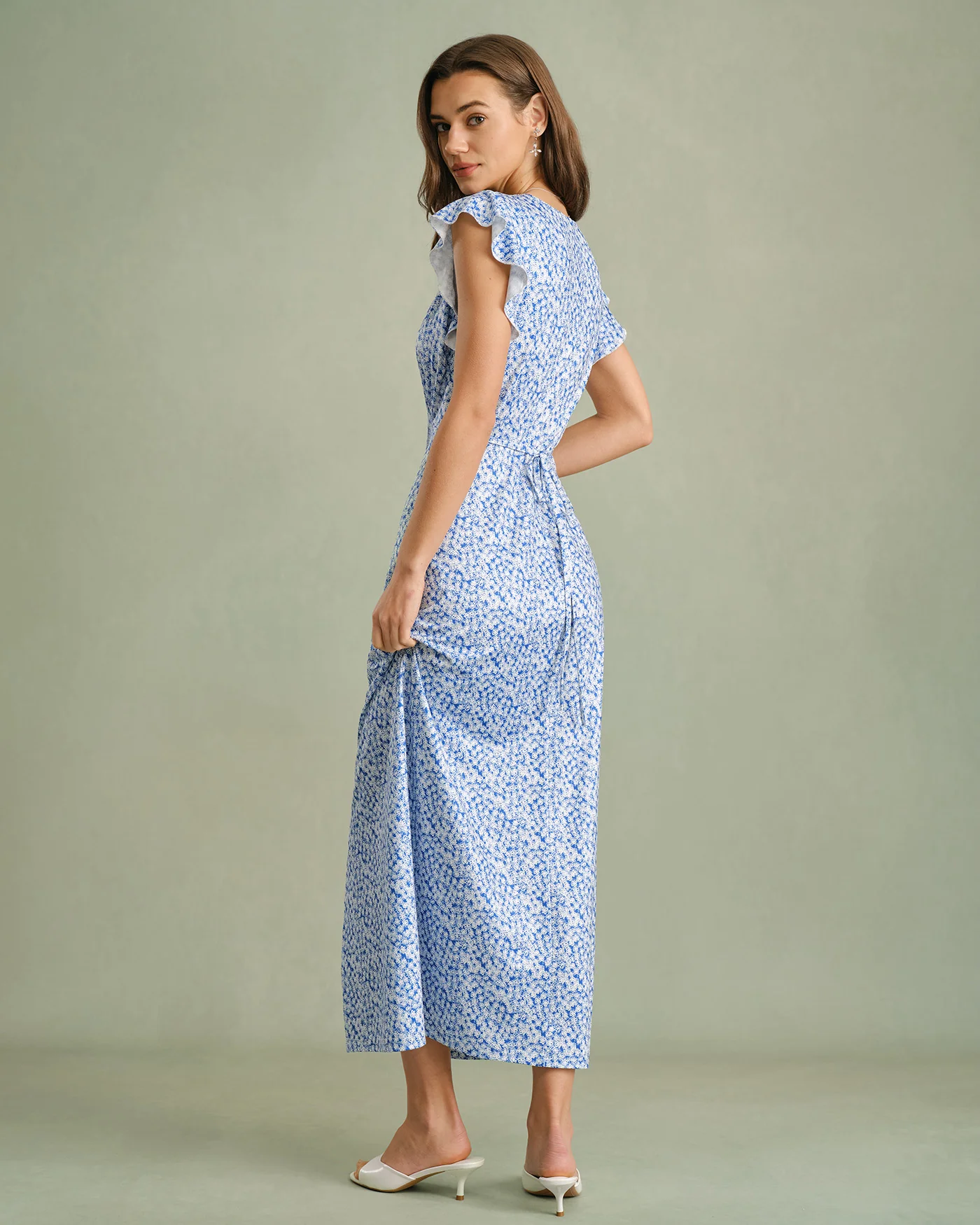 Blue V Neck Tie Floral Maxi Dress - Image 5