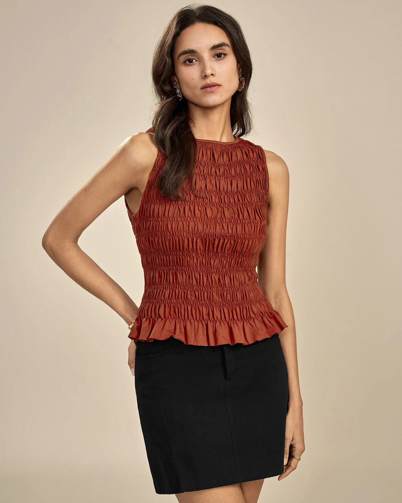 Brick Red Boat Neck Shirred Tank Top