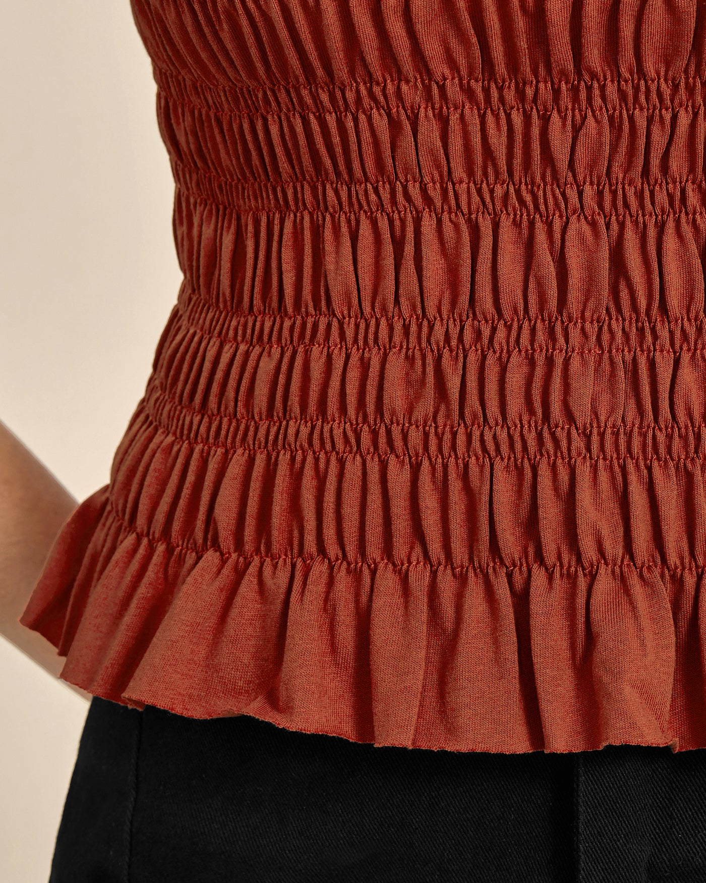 Brick Red Boat Neck Shirred Tank Top - Image 2