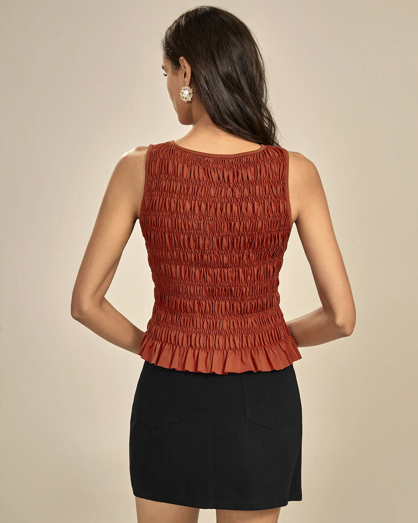 Brick Red Boat Neck Shirred Tank Top - Image 5