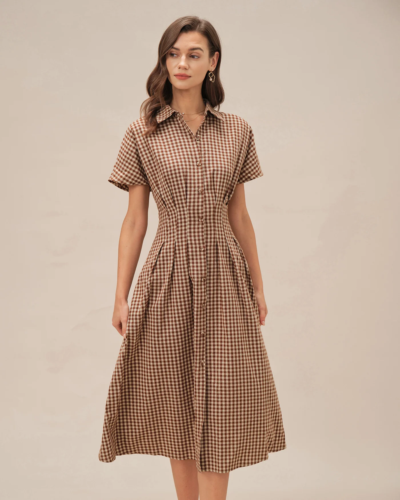 Brown Collar Plaid Midi Dress - Image 3