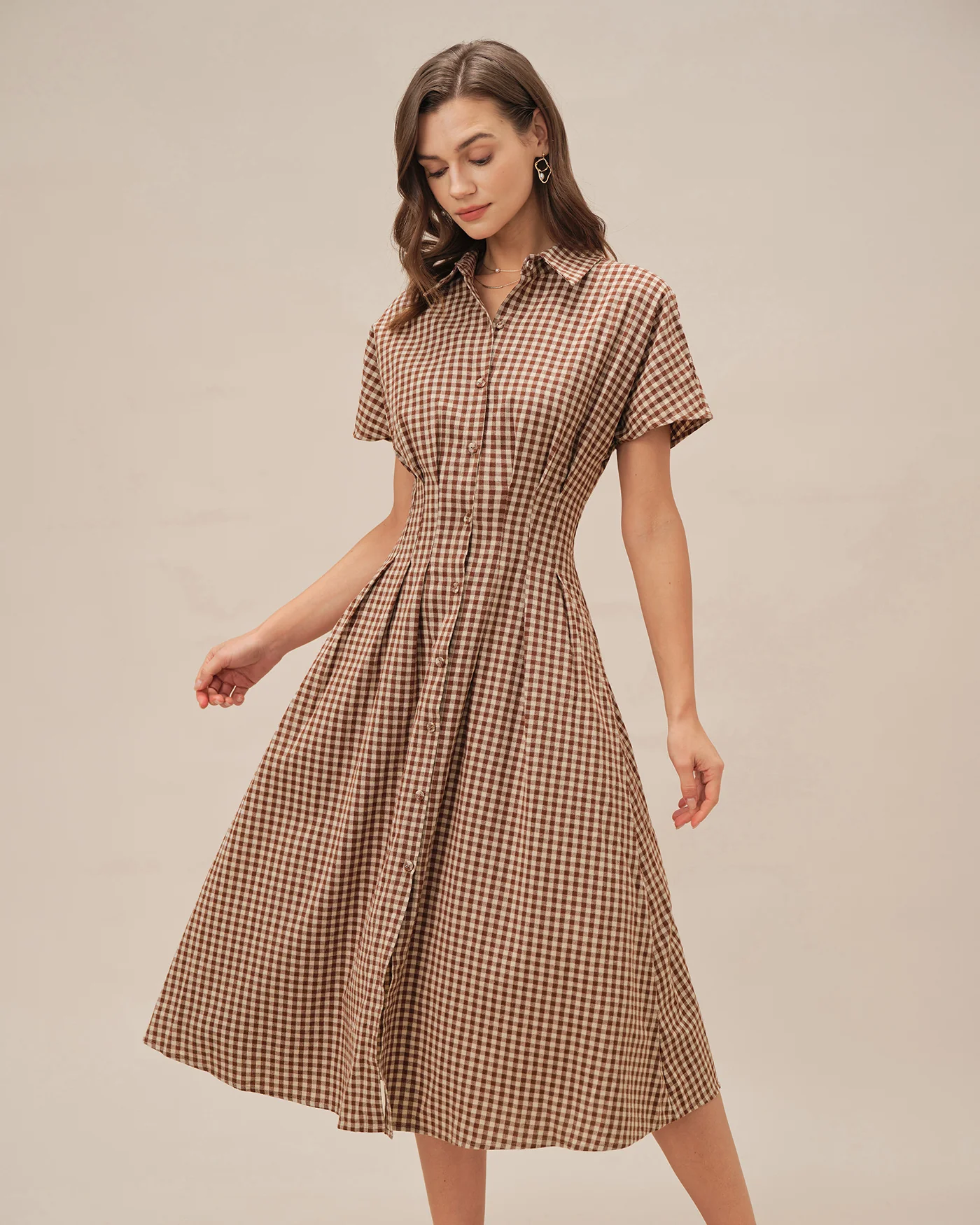 Brown Collar Plaid Midi Dress - Image 4