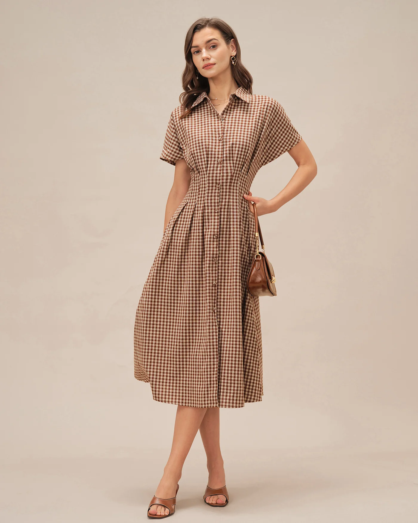 Brown Collar Plaid Midi Dress - Image 5