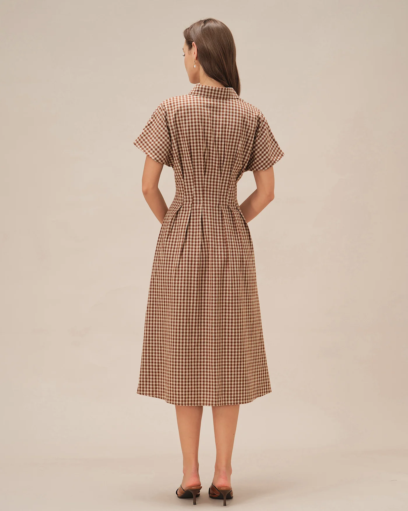 Brown Collar Plaid Midi Dress - Image 6