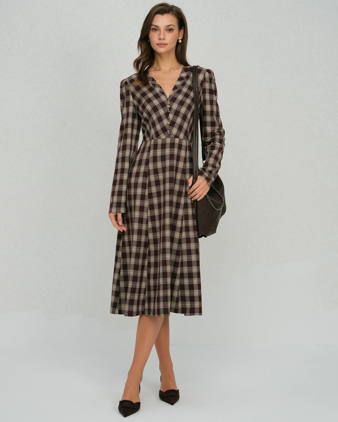 Brown Floral V Neck Midi Dress