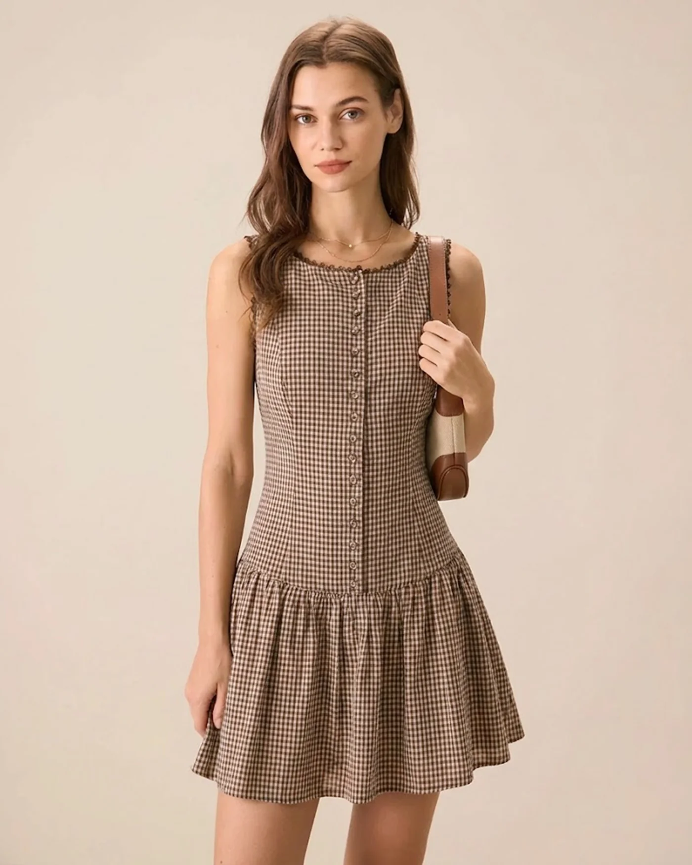 Brown Lace Plaid Mini Dress