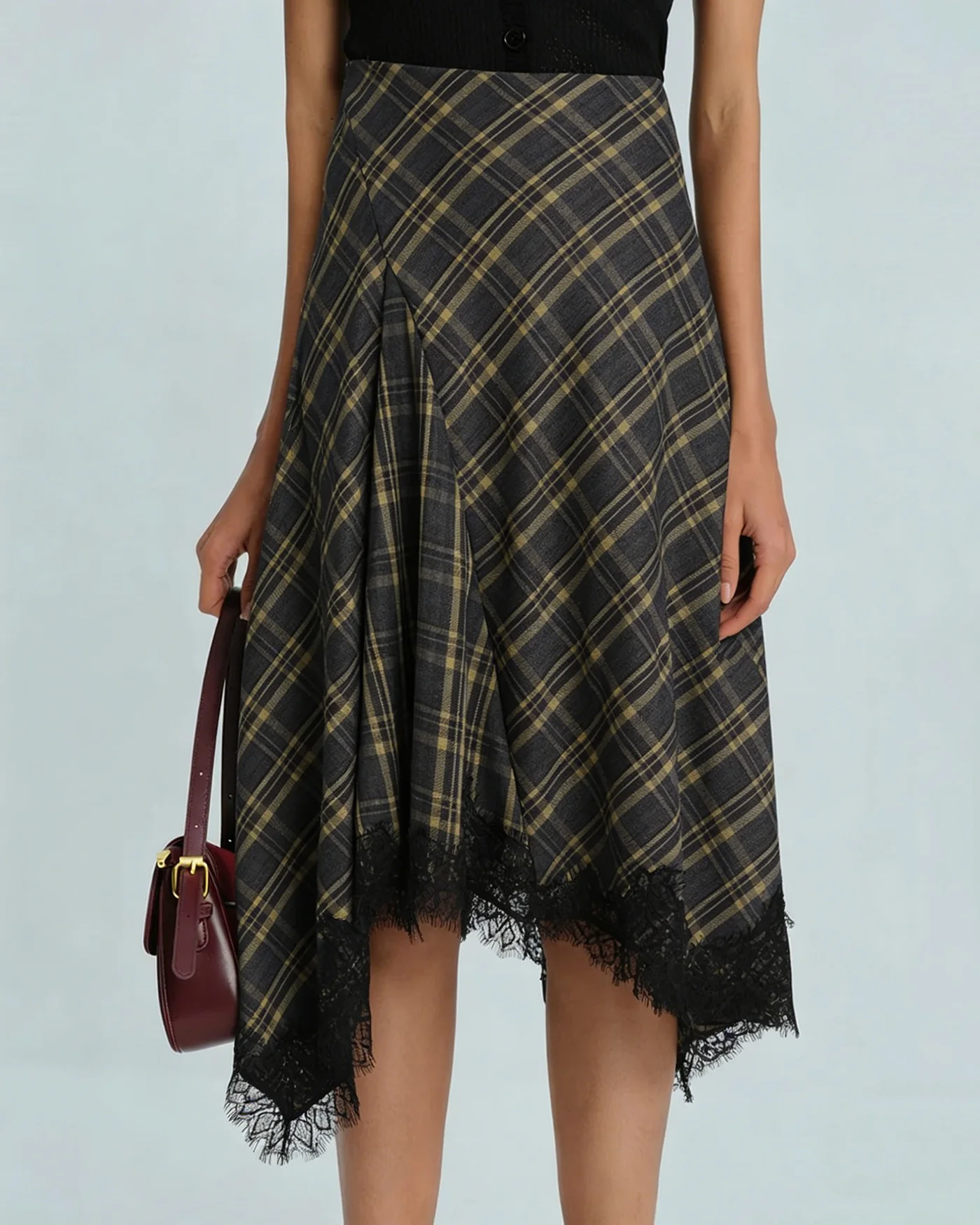 Brown Plaid A-Line Midi Skirt - Image 2