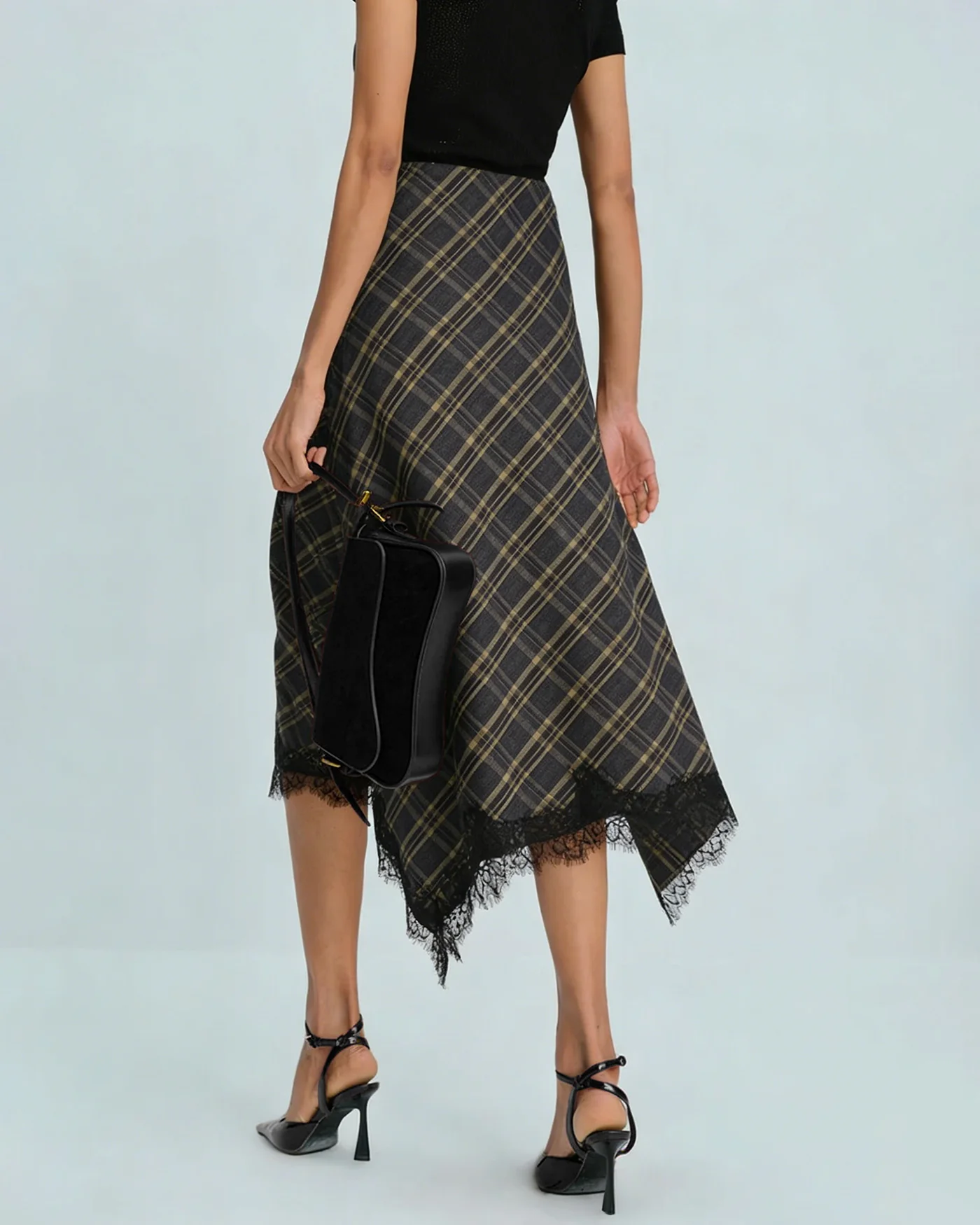 Brown Plaid A-Line Midi Skirt - Image 3