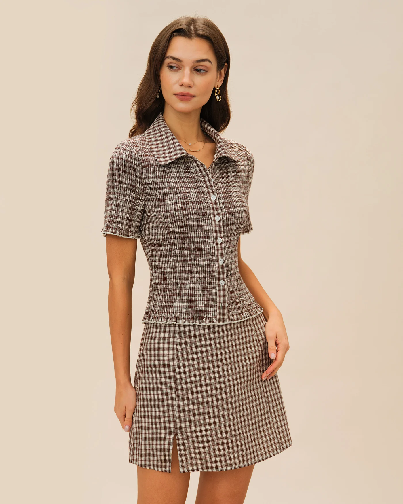 Brown Plaid A-Line Skirt - Image 3