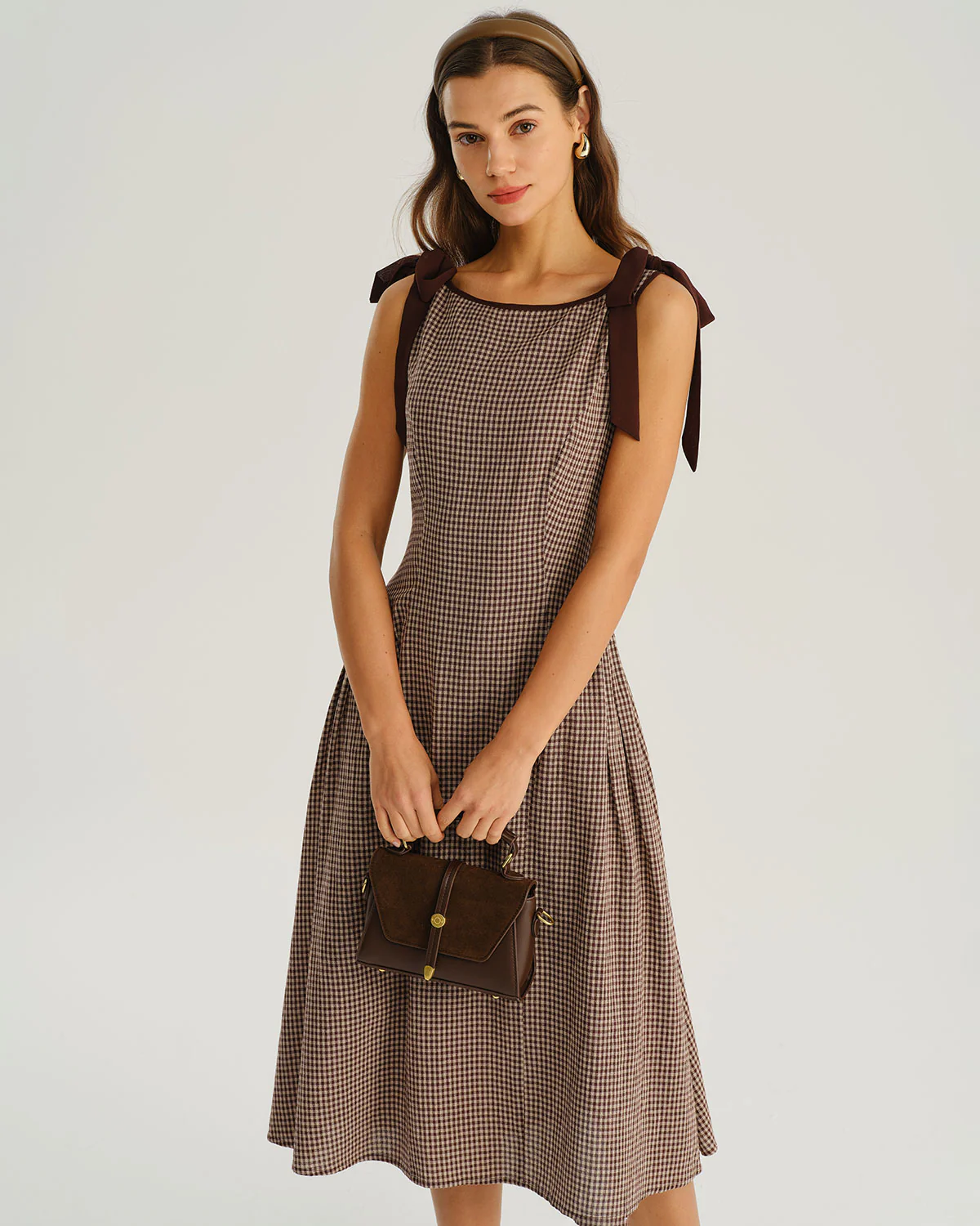 Brown Plaid Boat Neck A-Line Midi Dress - Image 2