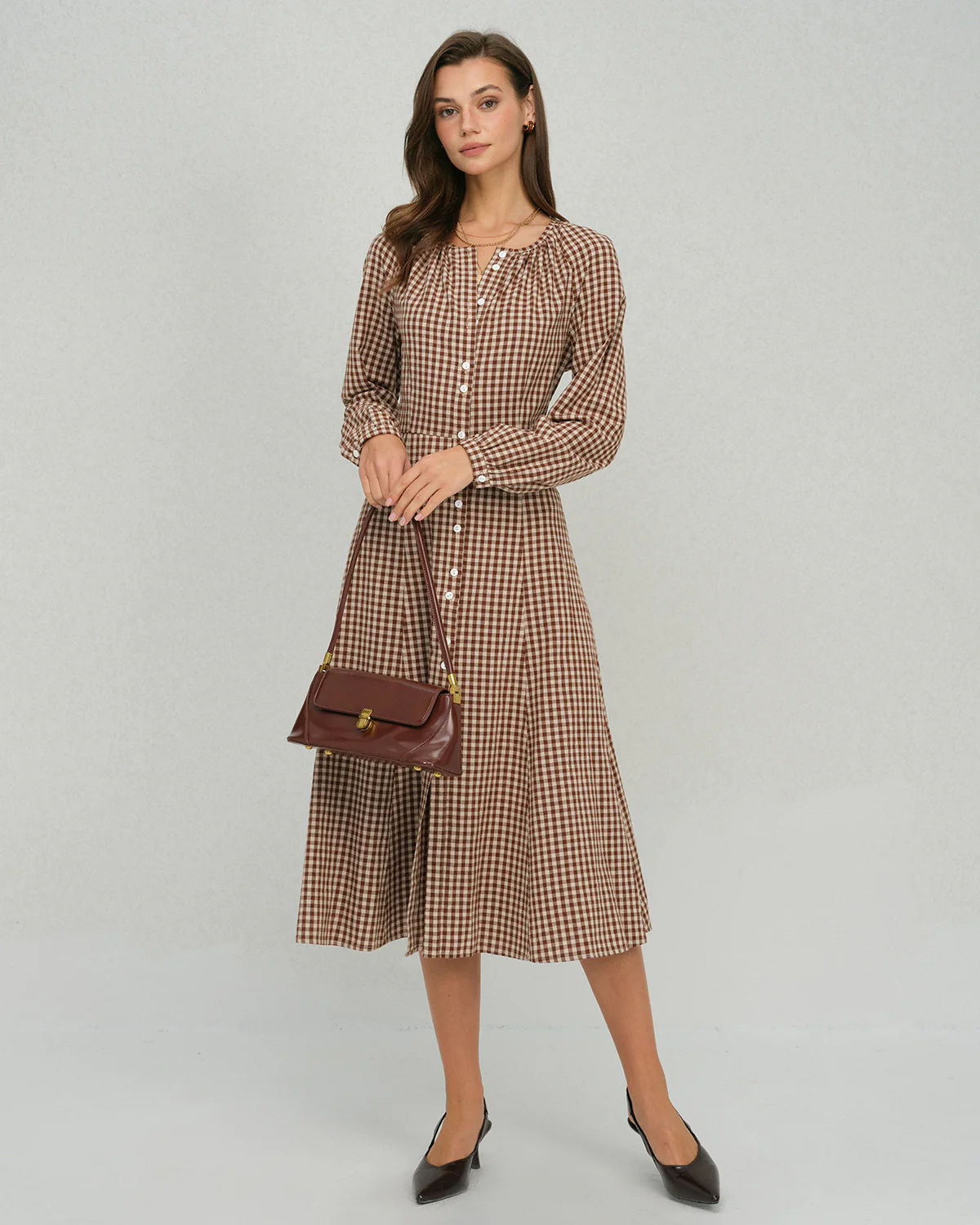 Brown Gingham Button A-Line Midi Dress - Image 3