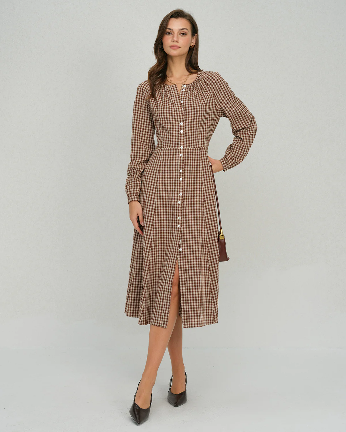 Brown Gingham Button A-Line Midi Dress - Image 4