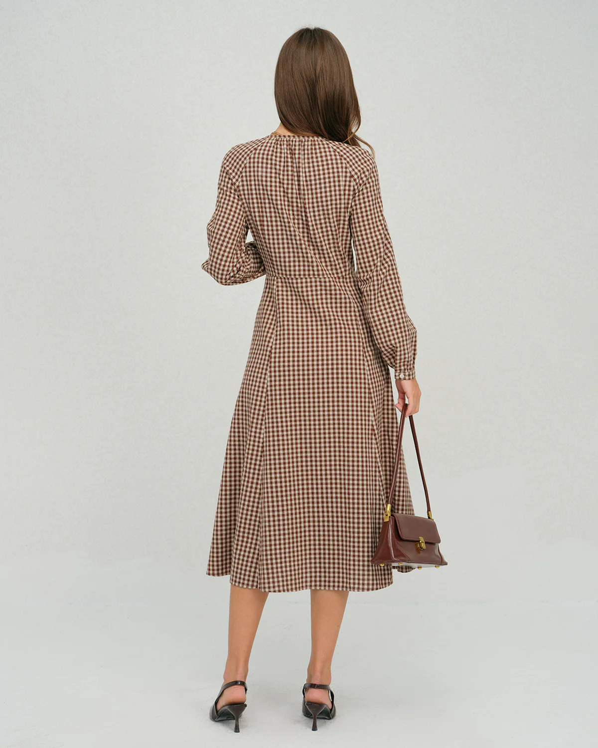 Brown Gingham Button A-Line Midi Dress - Image 5