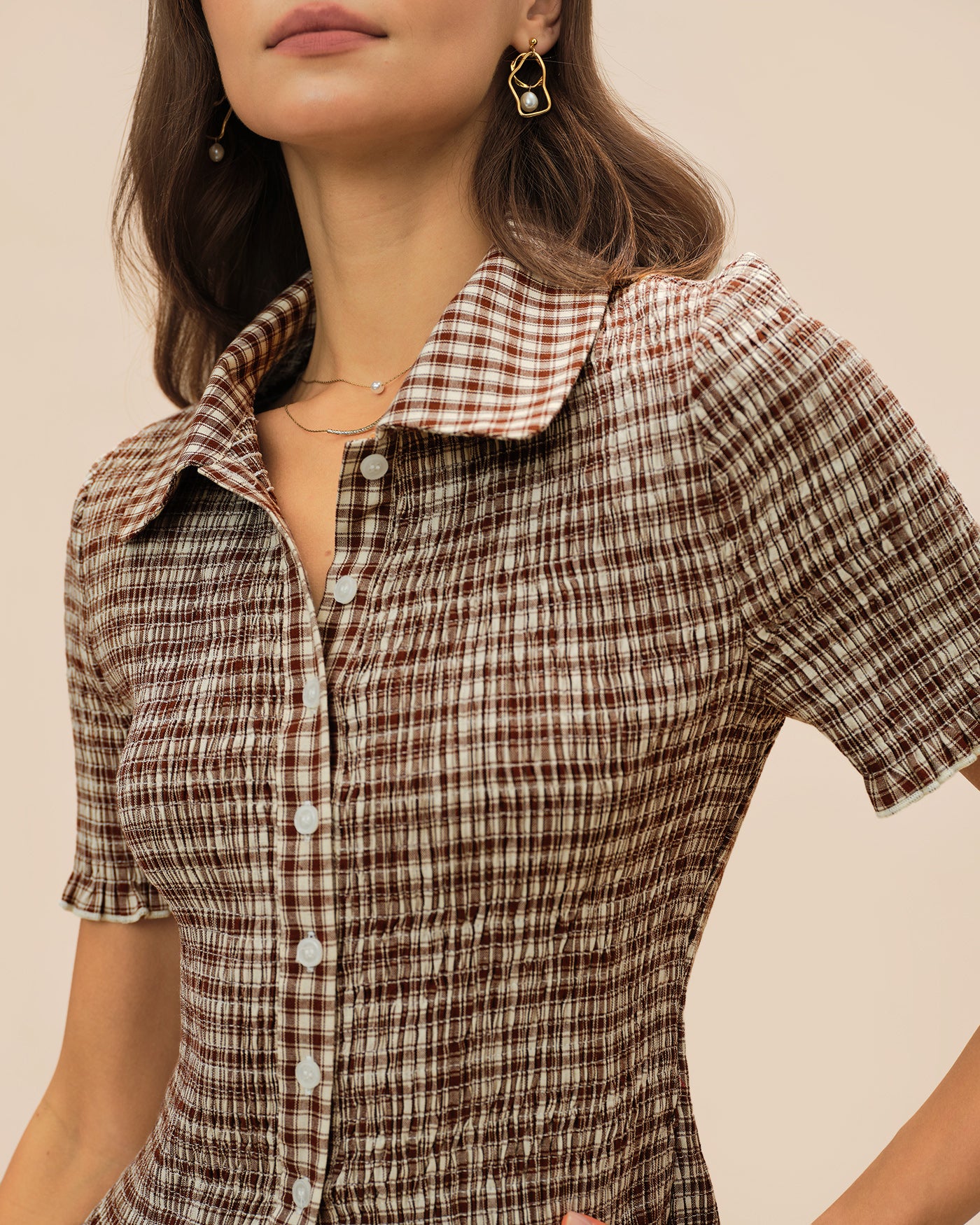 Brown Plaid Button Collar Blouse - Image 2