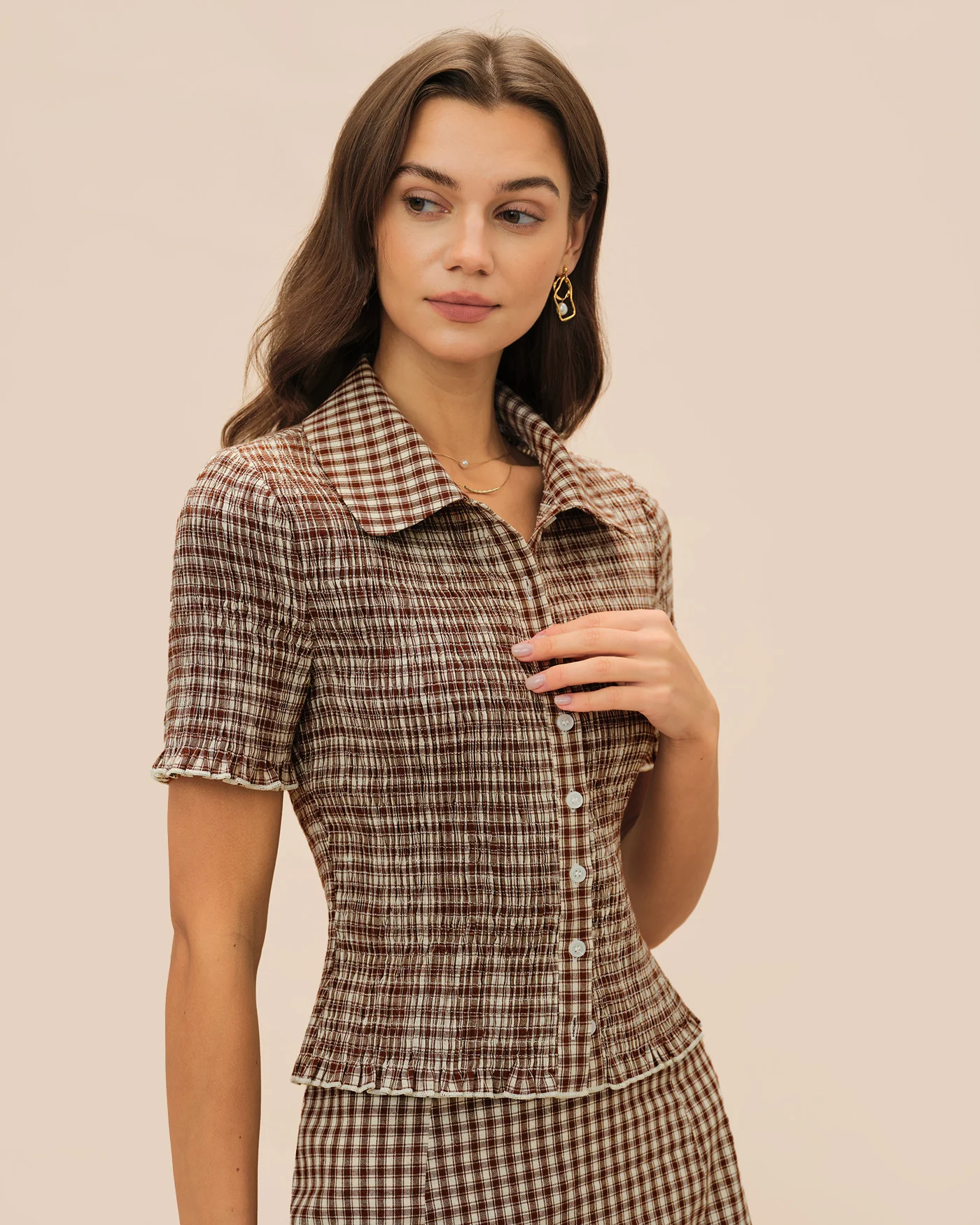Brown Plaid Button Collar Blouse - Image 3