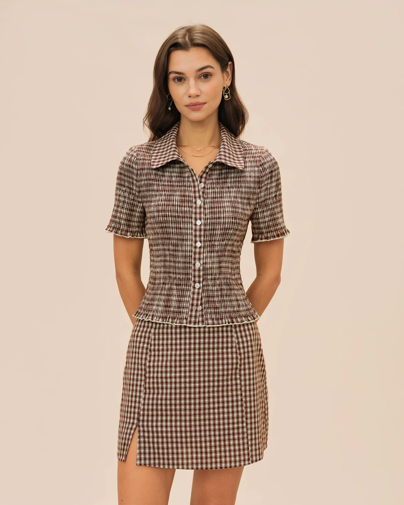 Brown Plaid Button Collar Blouse - Image 4