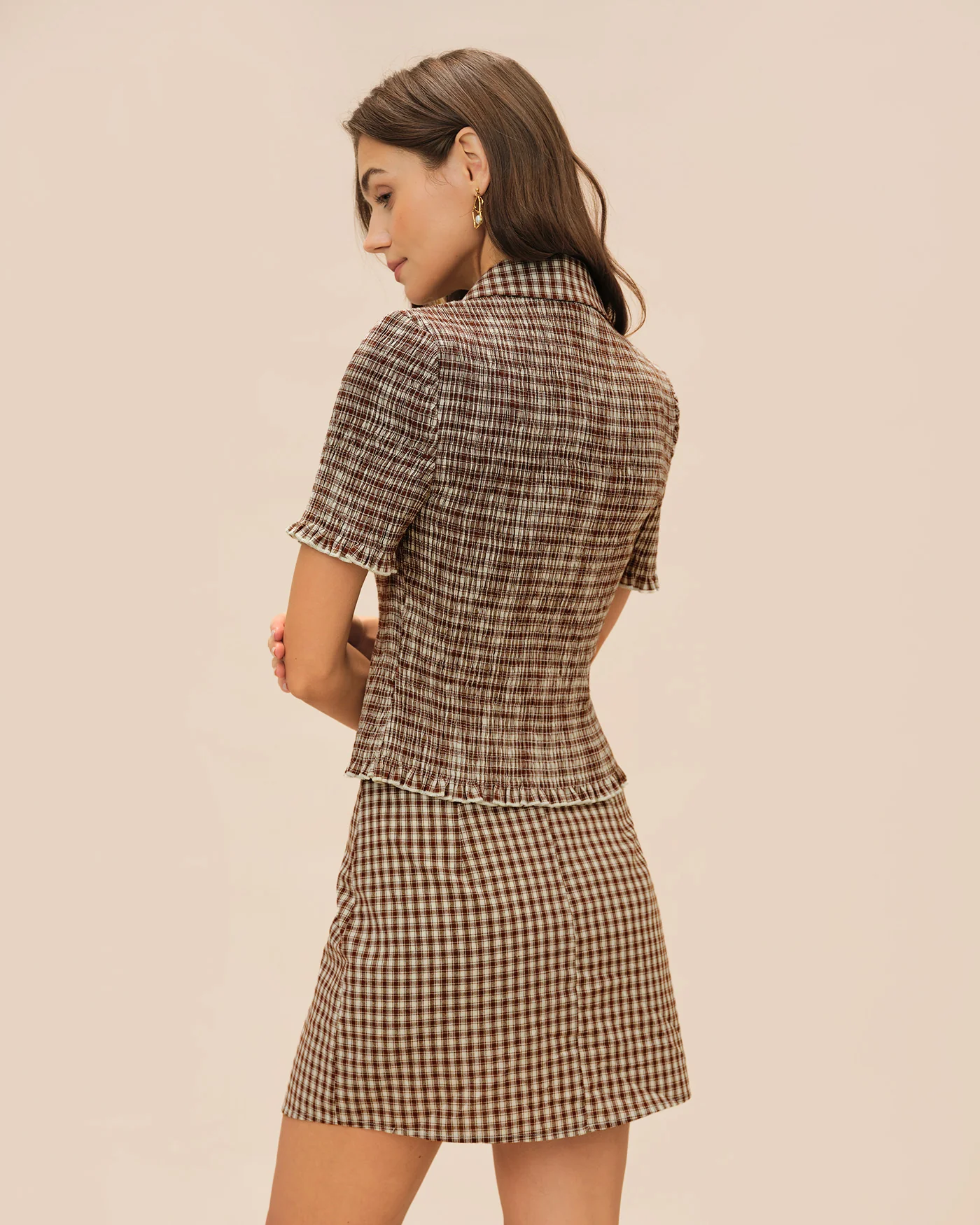 Brown Plaid Button Collar Blouse - Image 5