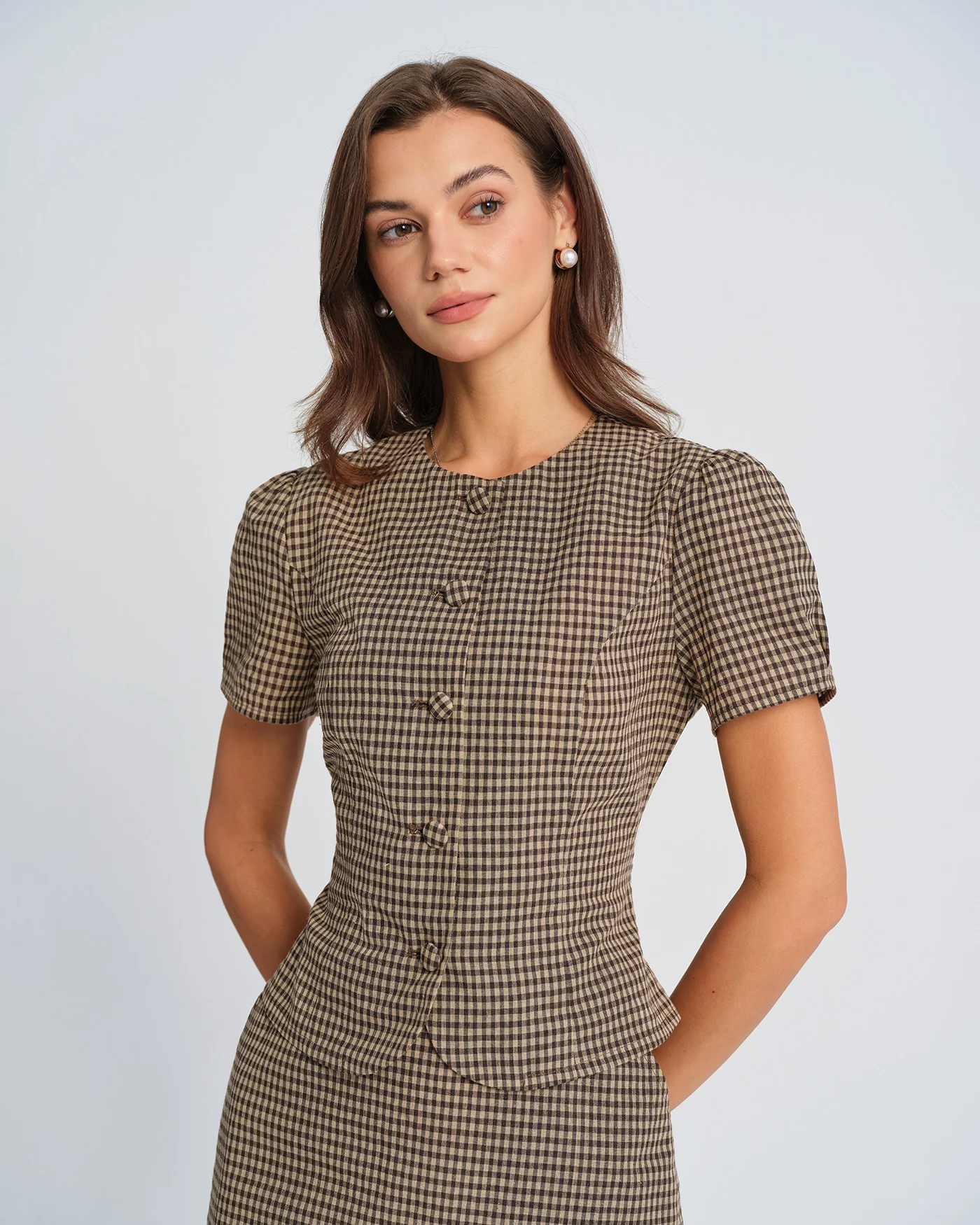 Brown Plaid Puffed Sleeve Blouse
