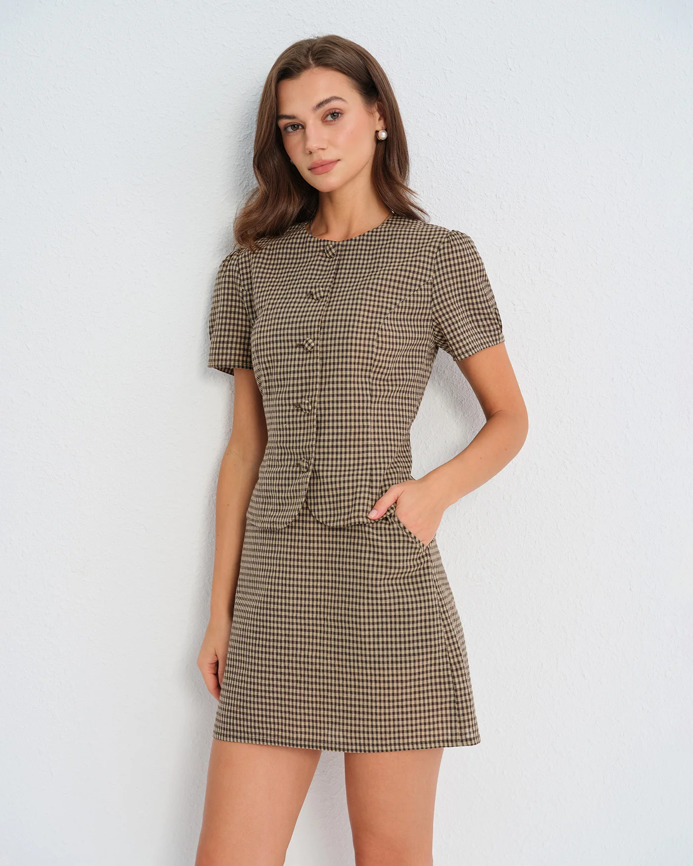 Brown Plaid Puffed Sleeve Blouse - Image 2